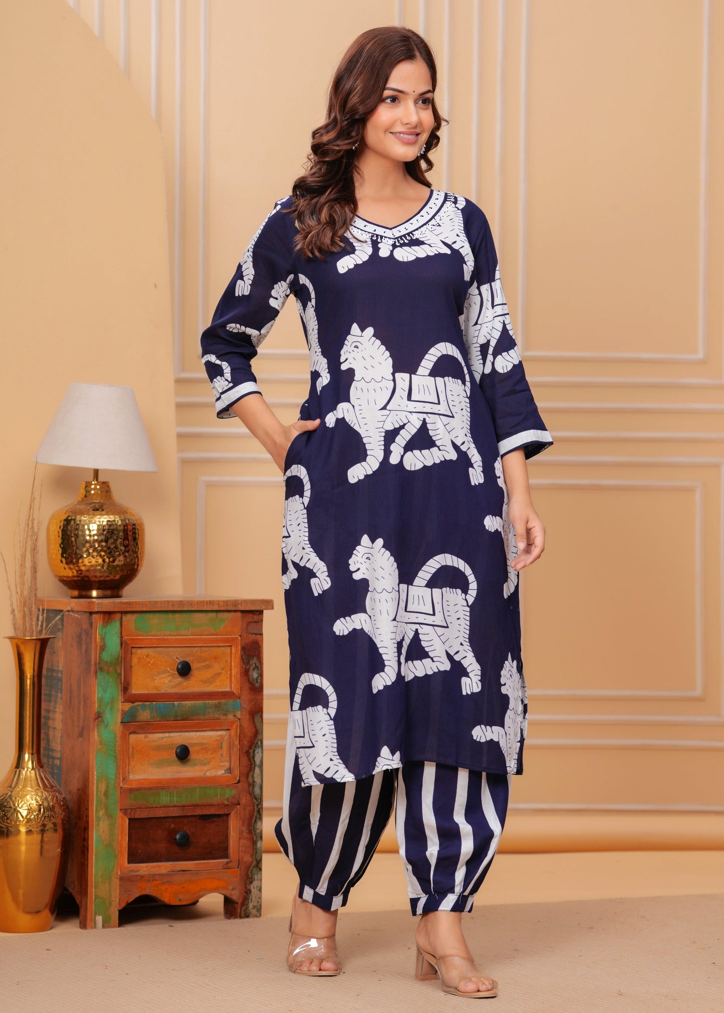 Navy Blue Printed Rayon Kurta and Pant Set