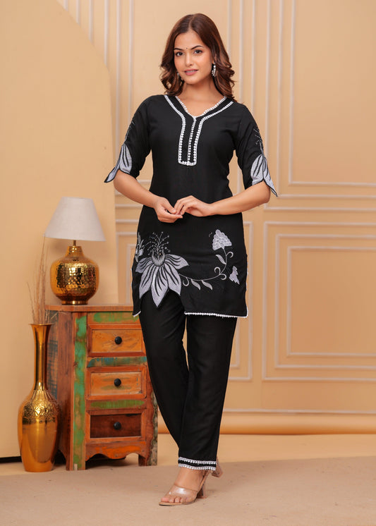 Black Embroidered Rayon Kurta and Pant Set