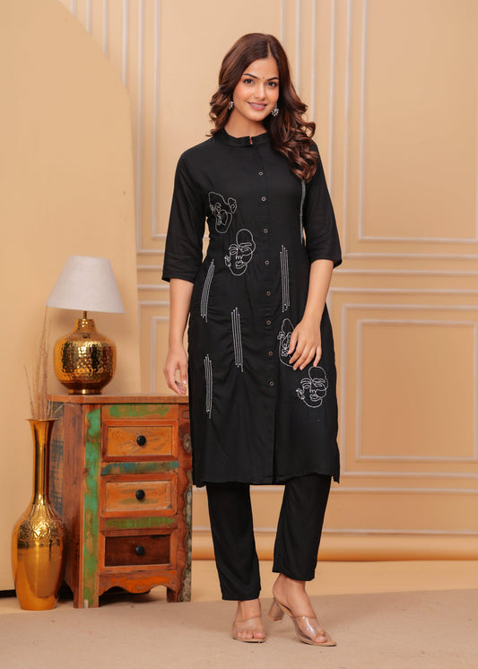 Black Embroidered Rayon Kurta and Pant Set