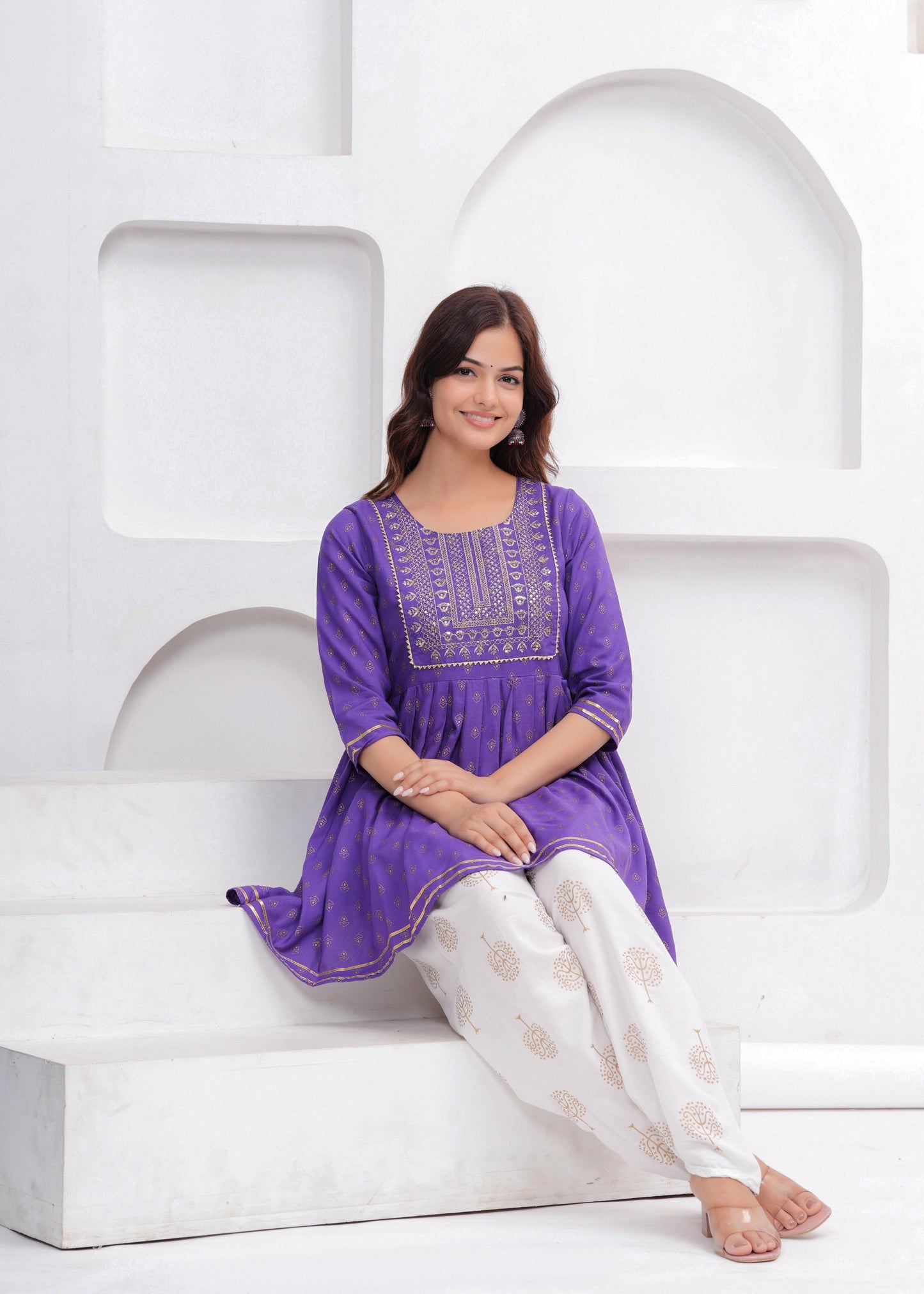 Purple Sequence Embroidered Short Kurta with Dhoti Pants