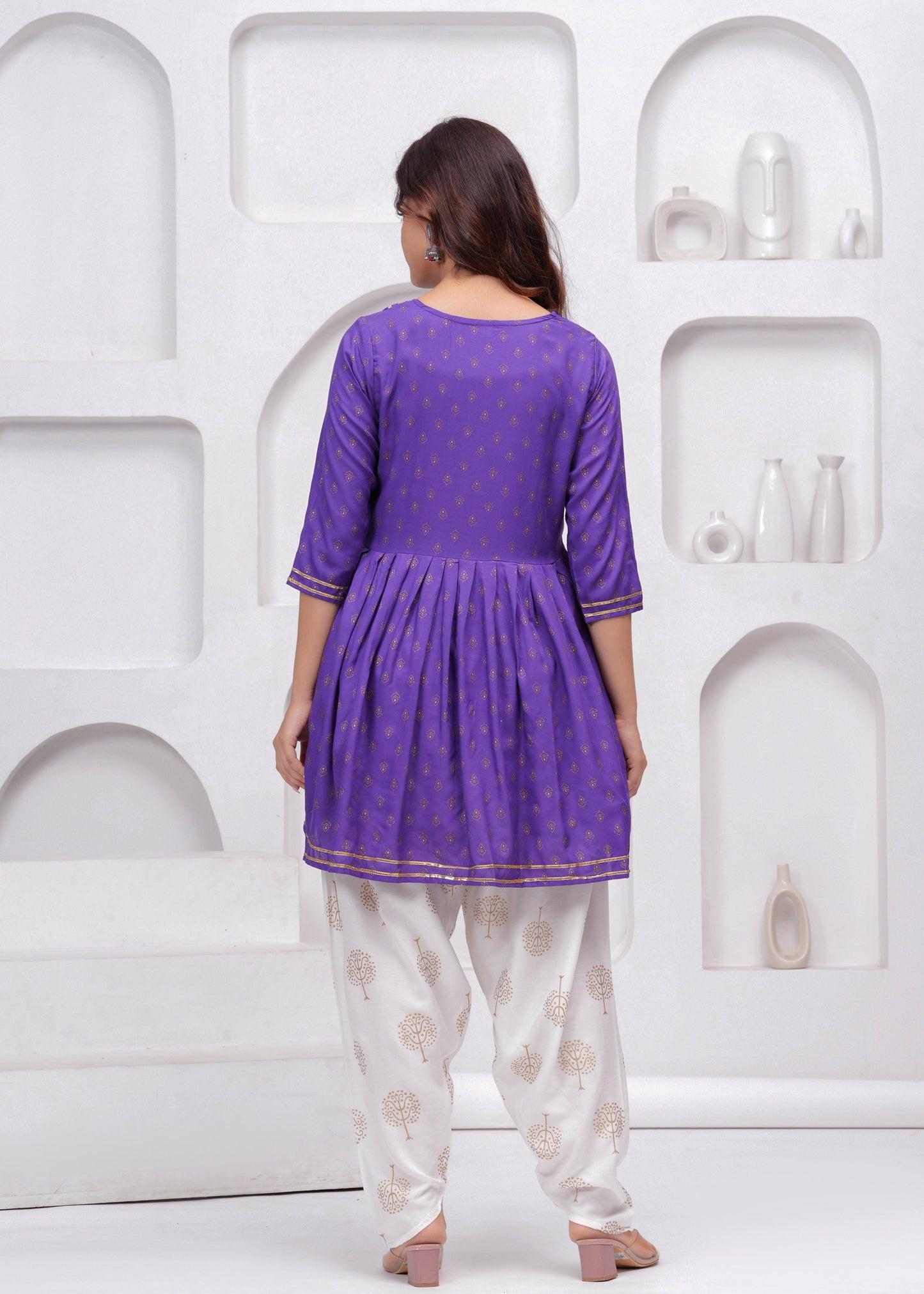 Purple Sequence Embroidered Short Kurta with Dhoti Pants