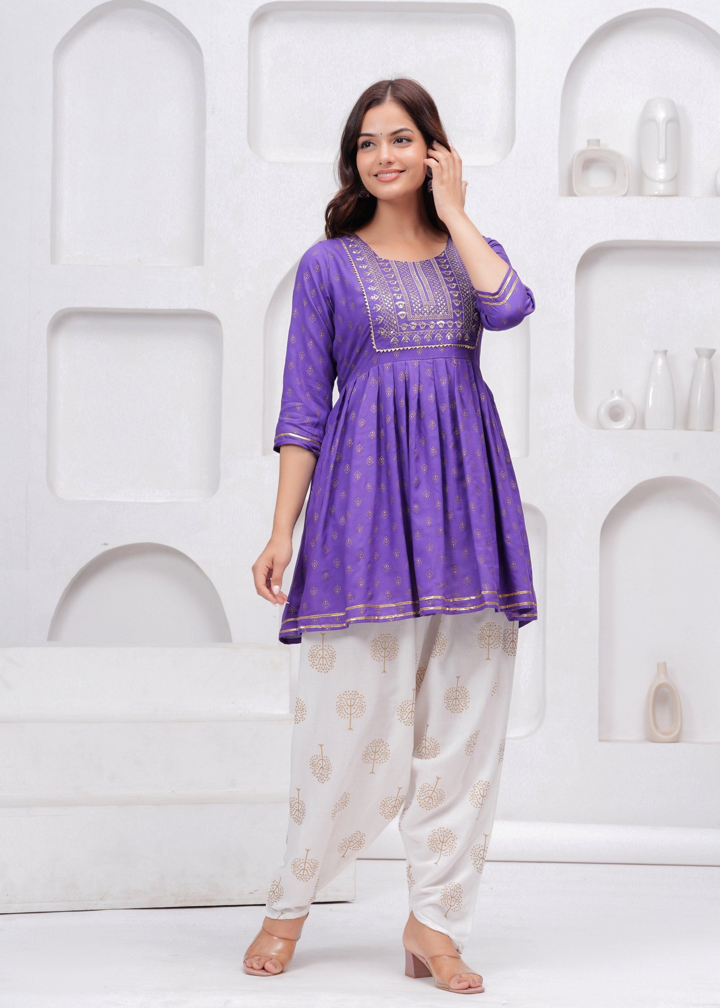 Purple Sequence Embroidered Short Kurta with Dhoti Pants