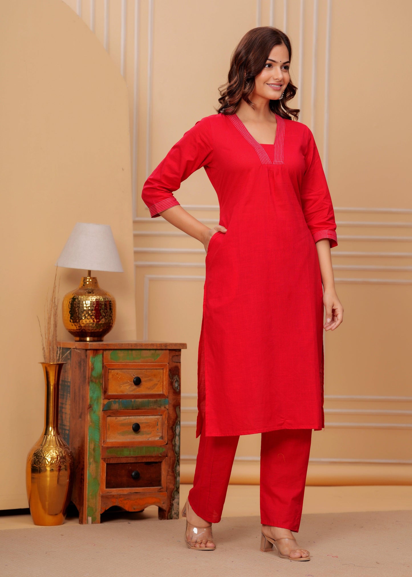 Red Cotton Slub Kurta and Pant Set