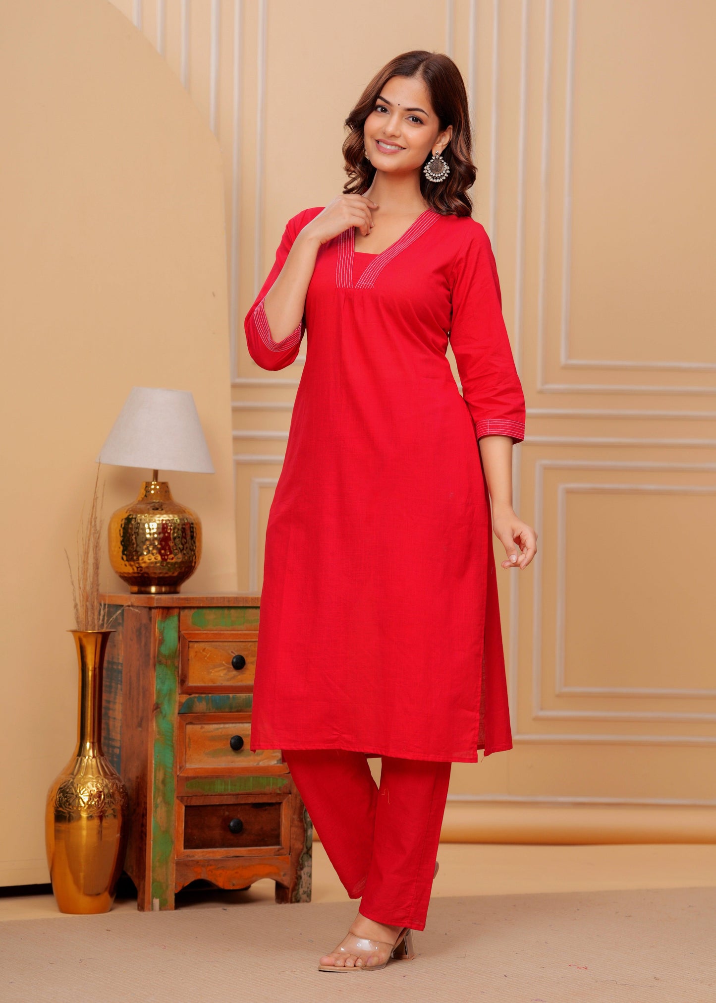 Red Cotton Slub Kurta and Pant Set