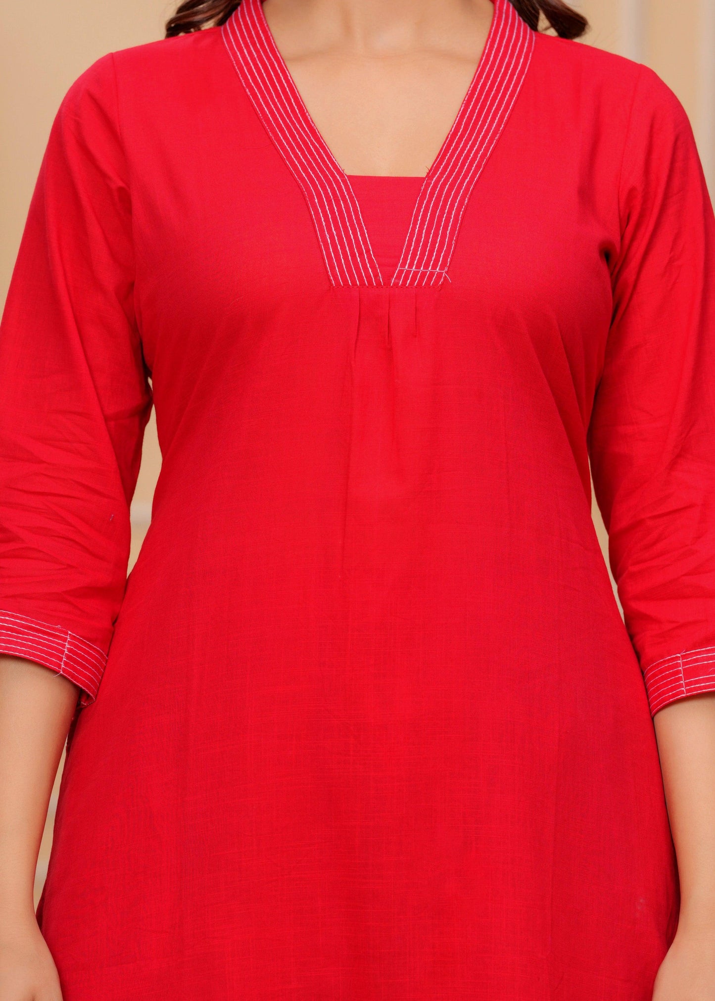 Red Cotton Slub Kurta and Pant Set