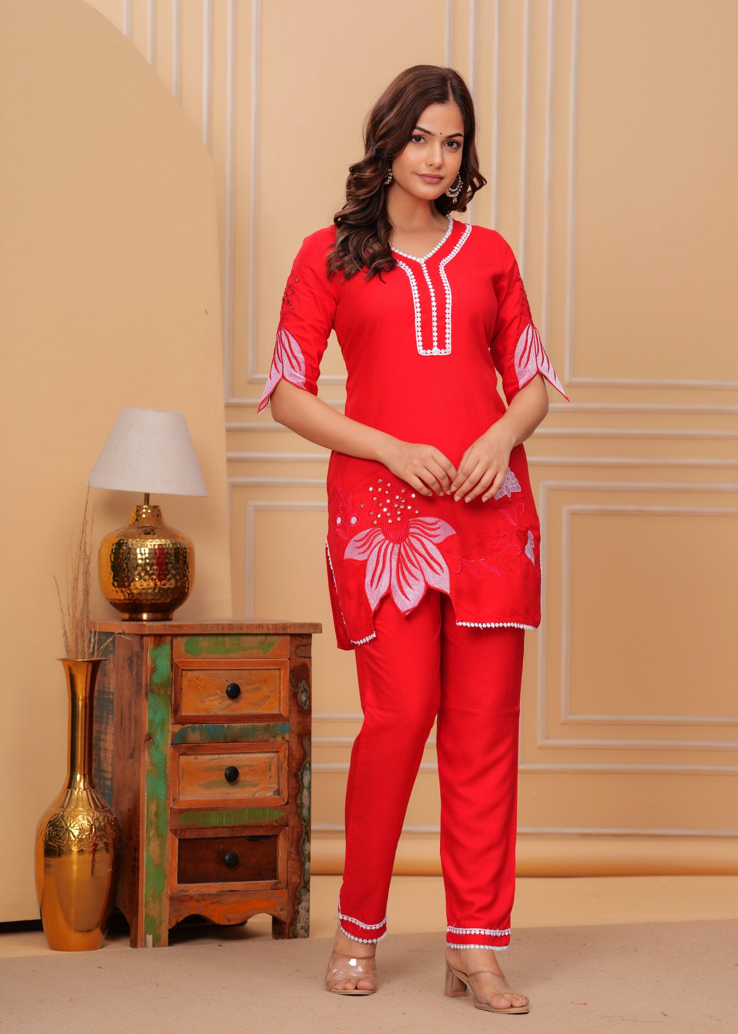 Red Embroidered Rayon Kurta and Pant Set