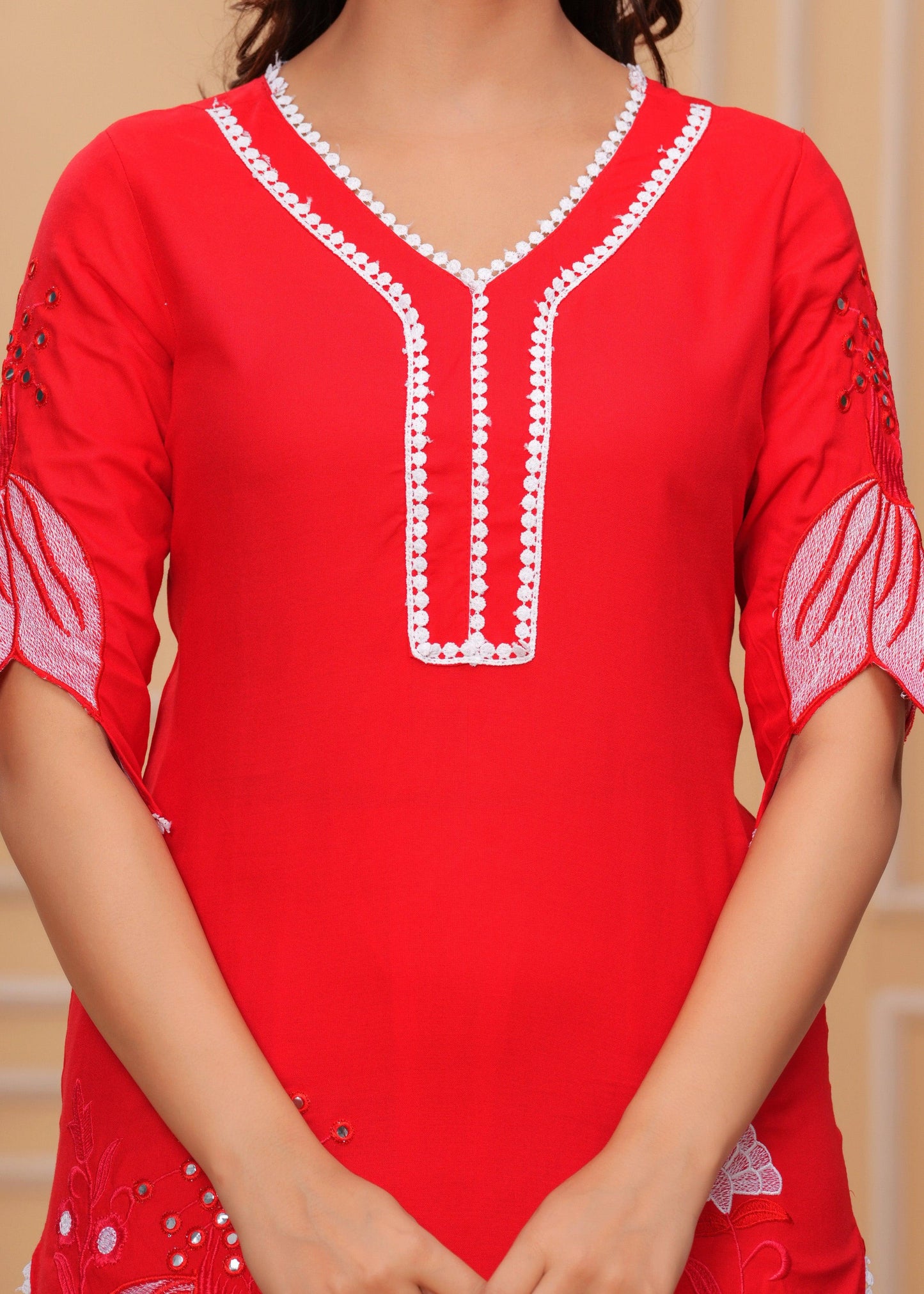 Red Embroidered Rayon Kurta and Pant Set