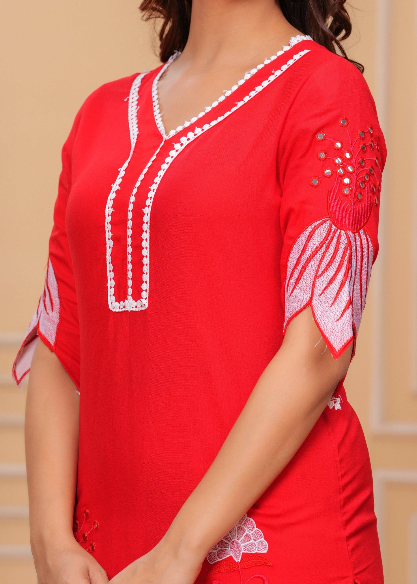 Red Embroidered Rayon Kurta and Pant Set