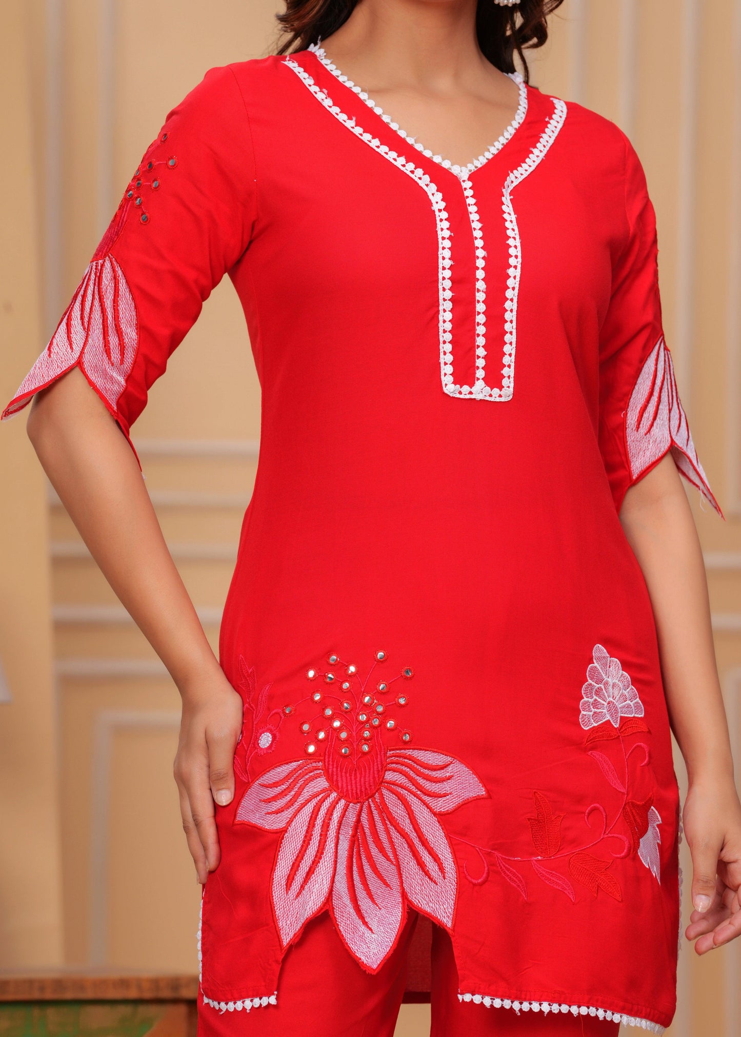 Red Embroidered Rayon Kurta and Pant Set