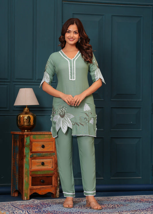 Hazel Green Embroidered Rayon Kurta and Pant Set