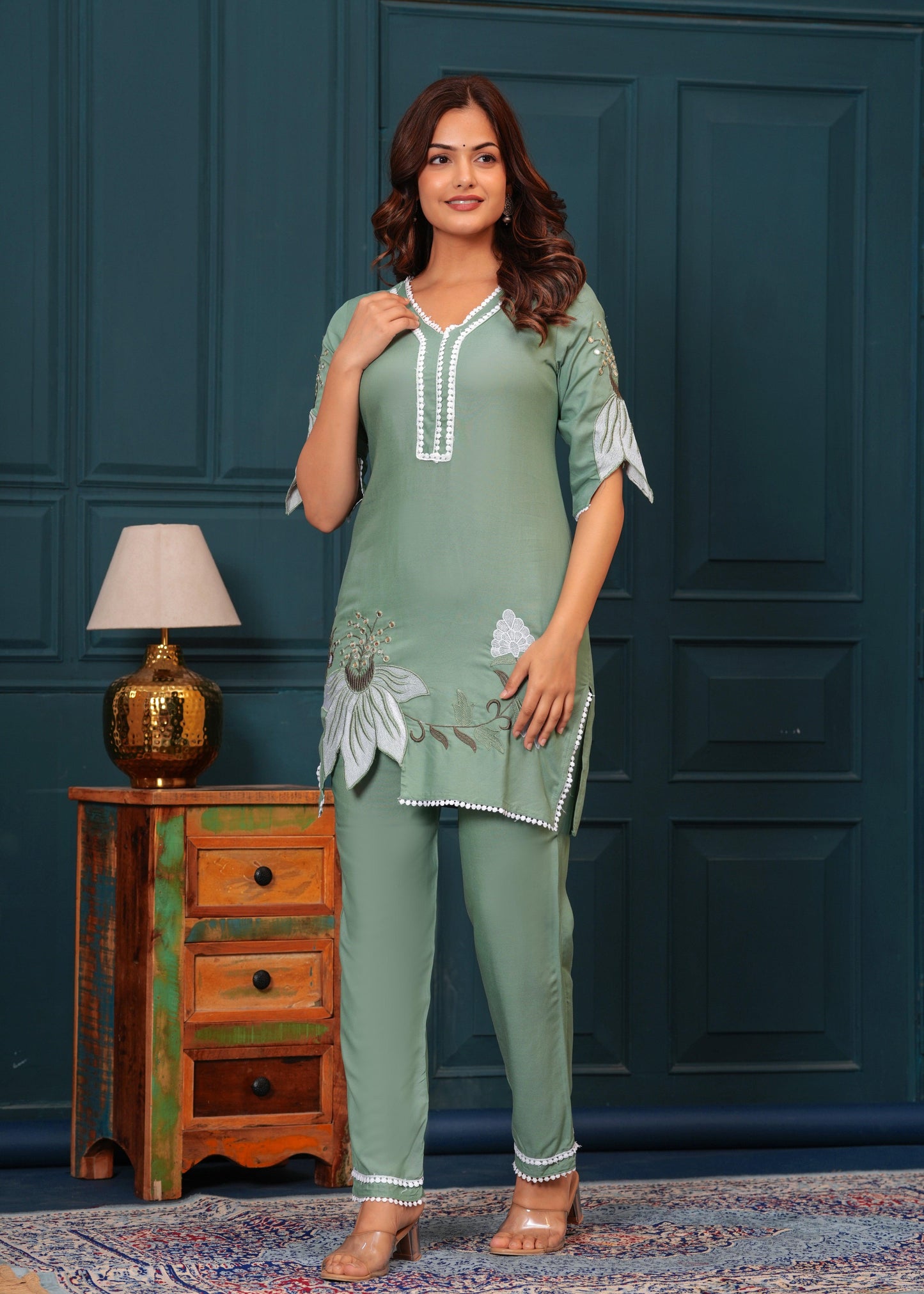 Hazel Green Embroidered Rayon Kurta and Pant Set