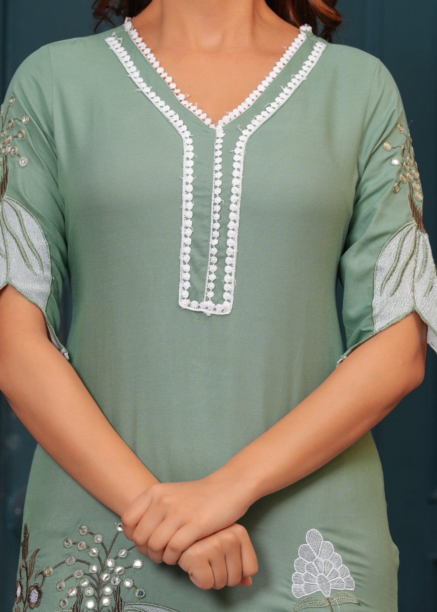 Hazel Green Embroidered Rayon Kurta and Pant Set