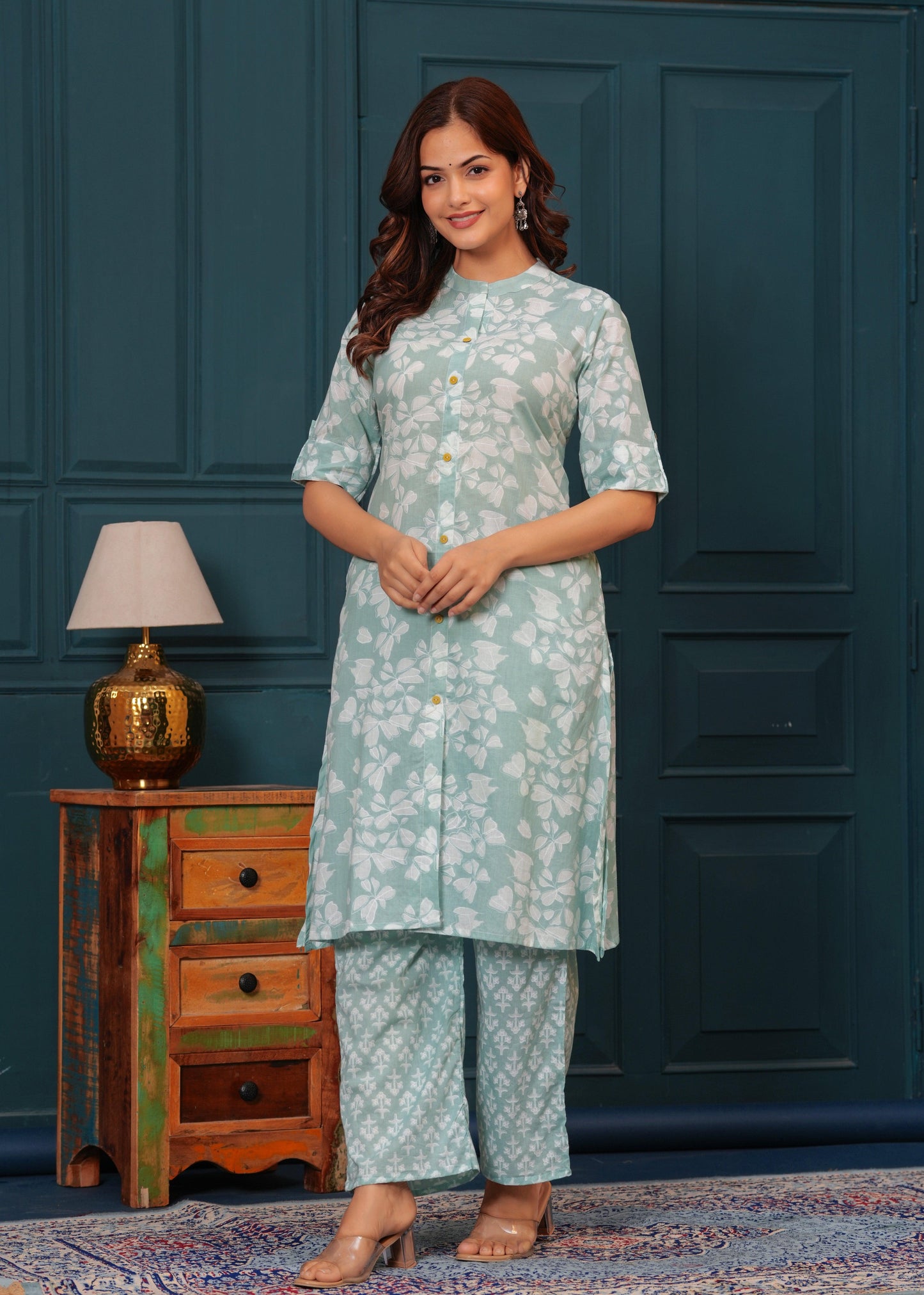 Grey Cloud Floral Printed Rayon Kurta and Pant Set