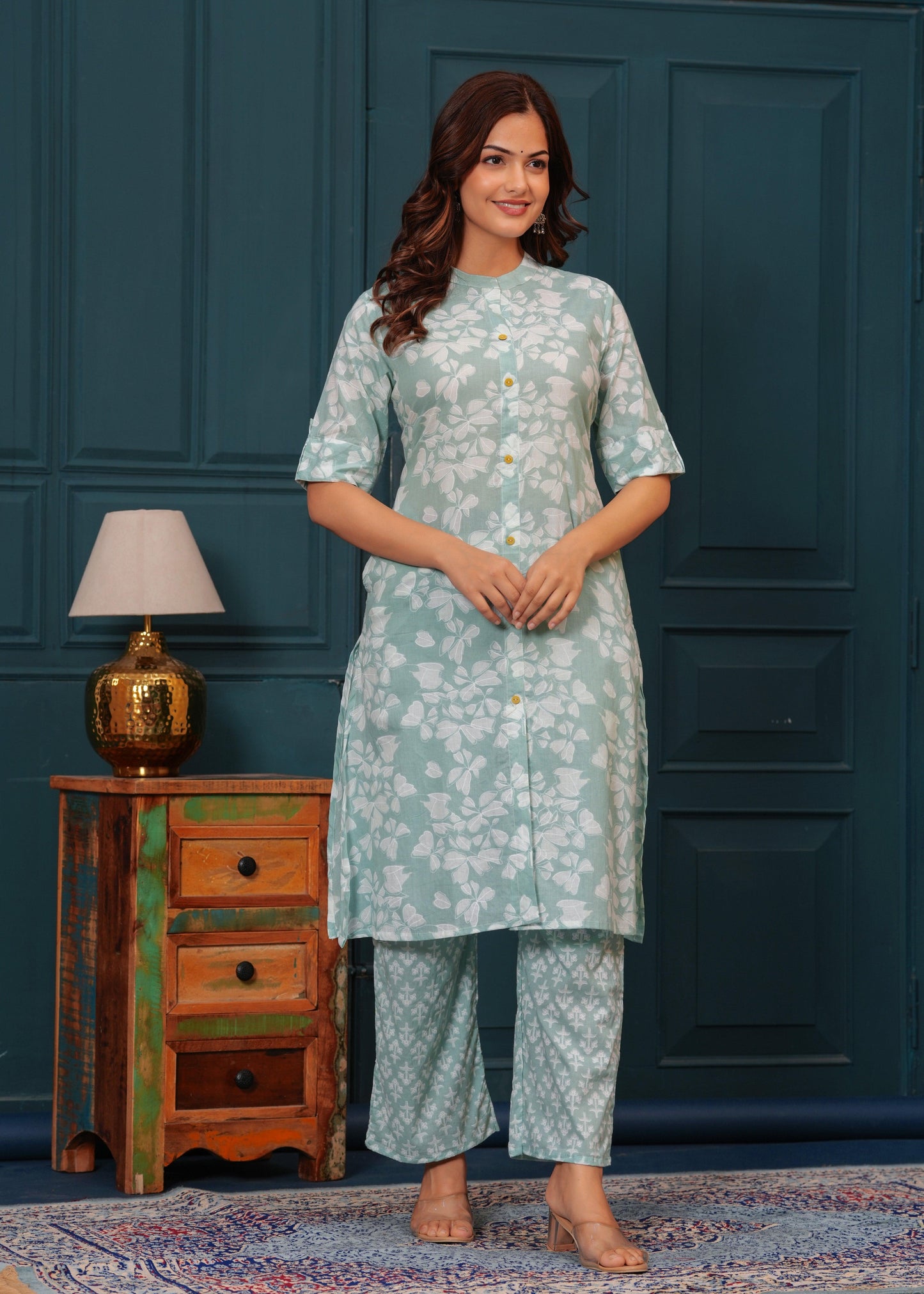 Grey Cloud Floral Printed Rayon Kurta and Pant Set