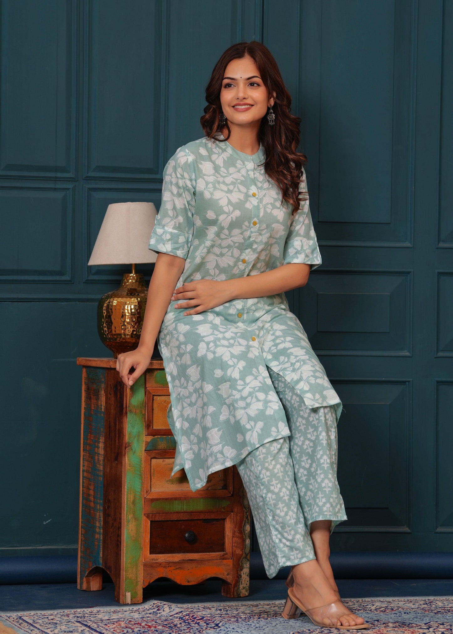 Grey Cloud Floral Printed Rayon Kurta and Pant Set