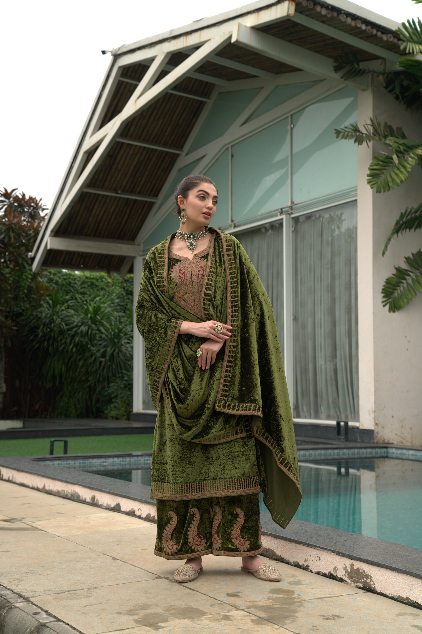 Green Designer Velvet Pakistani Suit Set