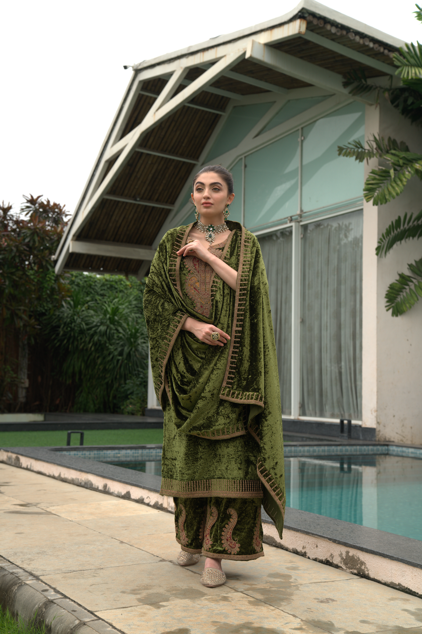 Green Designer Velvet Pakistani Suit Set