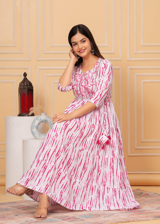 Pink White Tie-Dye Rayon Anarkali Gown