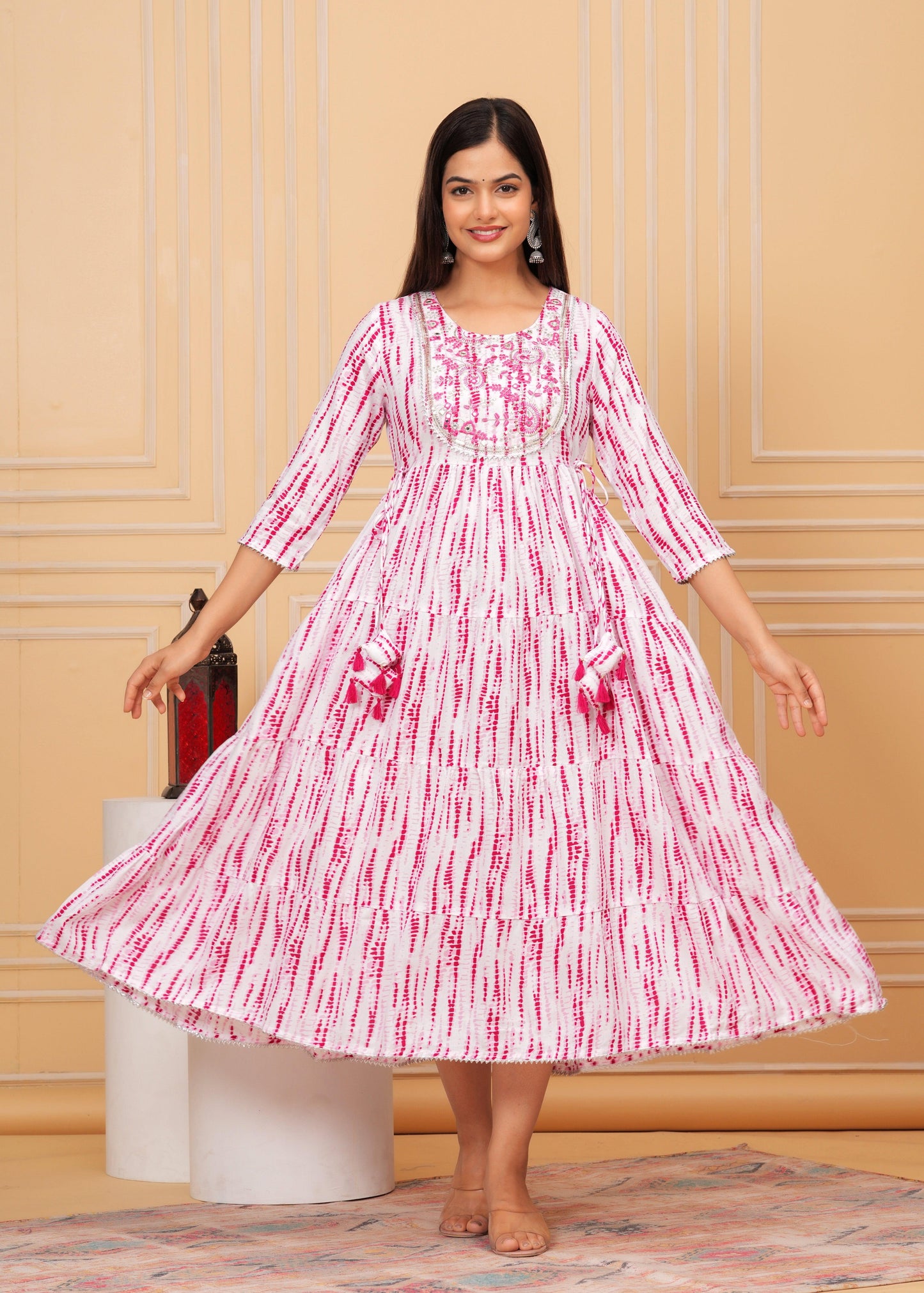 Pink White Tie-Dye Rayon Anarkali Gown