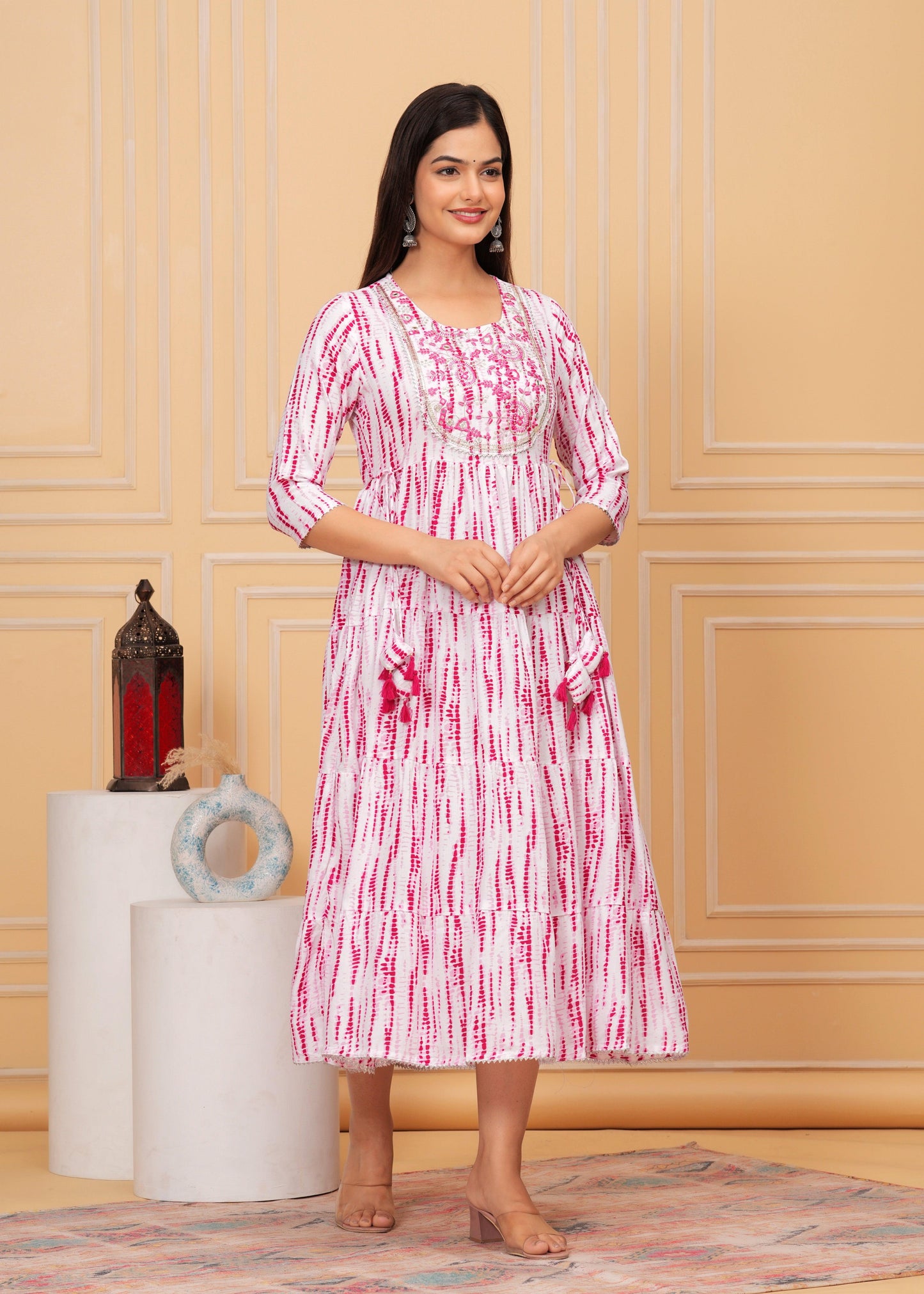 Pink White Tie-Dye Rayon Anarkali Gown