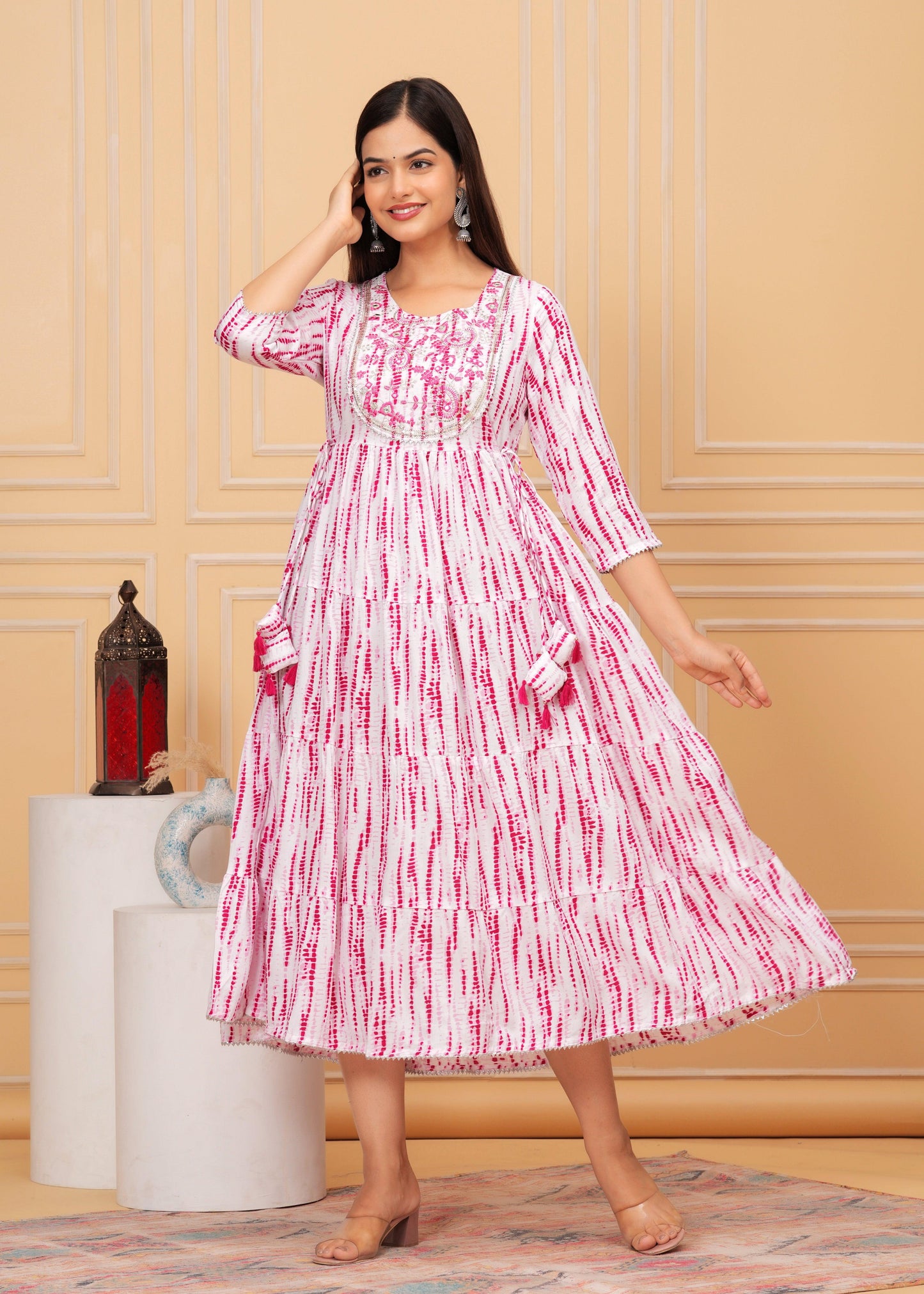 Pink White Tie-Dye Rayon Anarkali Gown