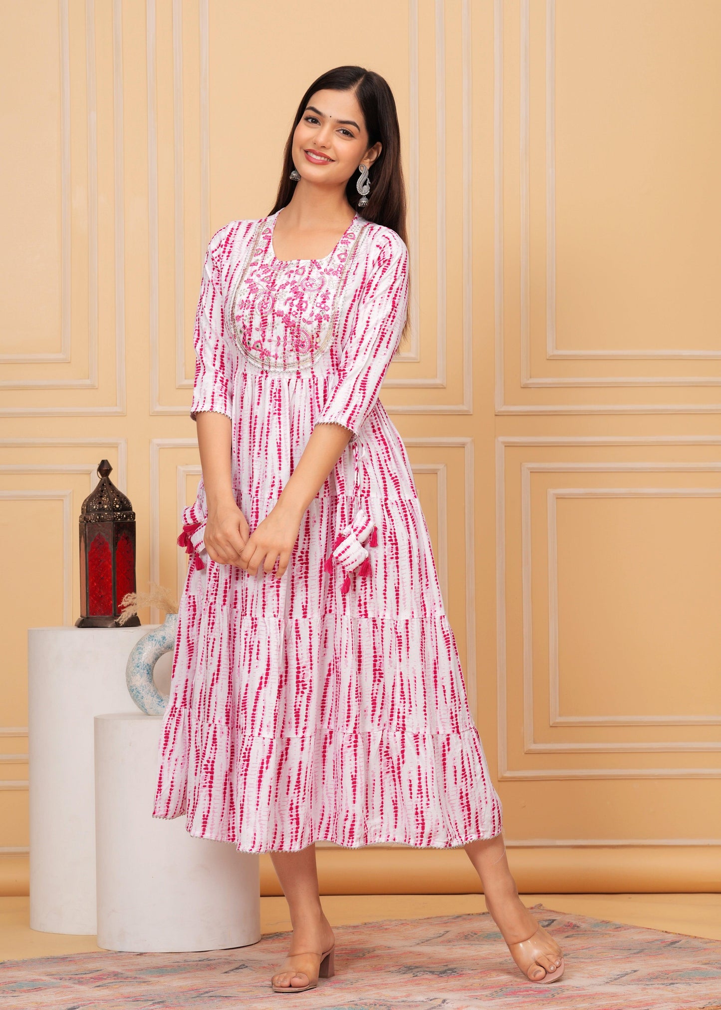 Pink White Tie-Dye Rayon Anarkali Gown