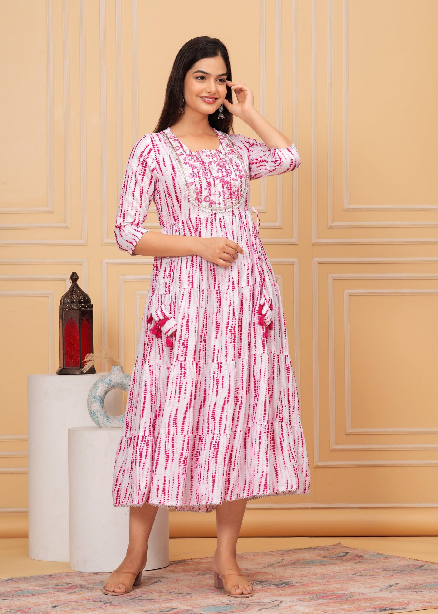 Pink White Tie-Dye Rayon Anarkali Gown