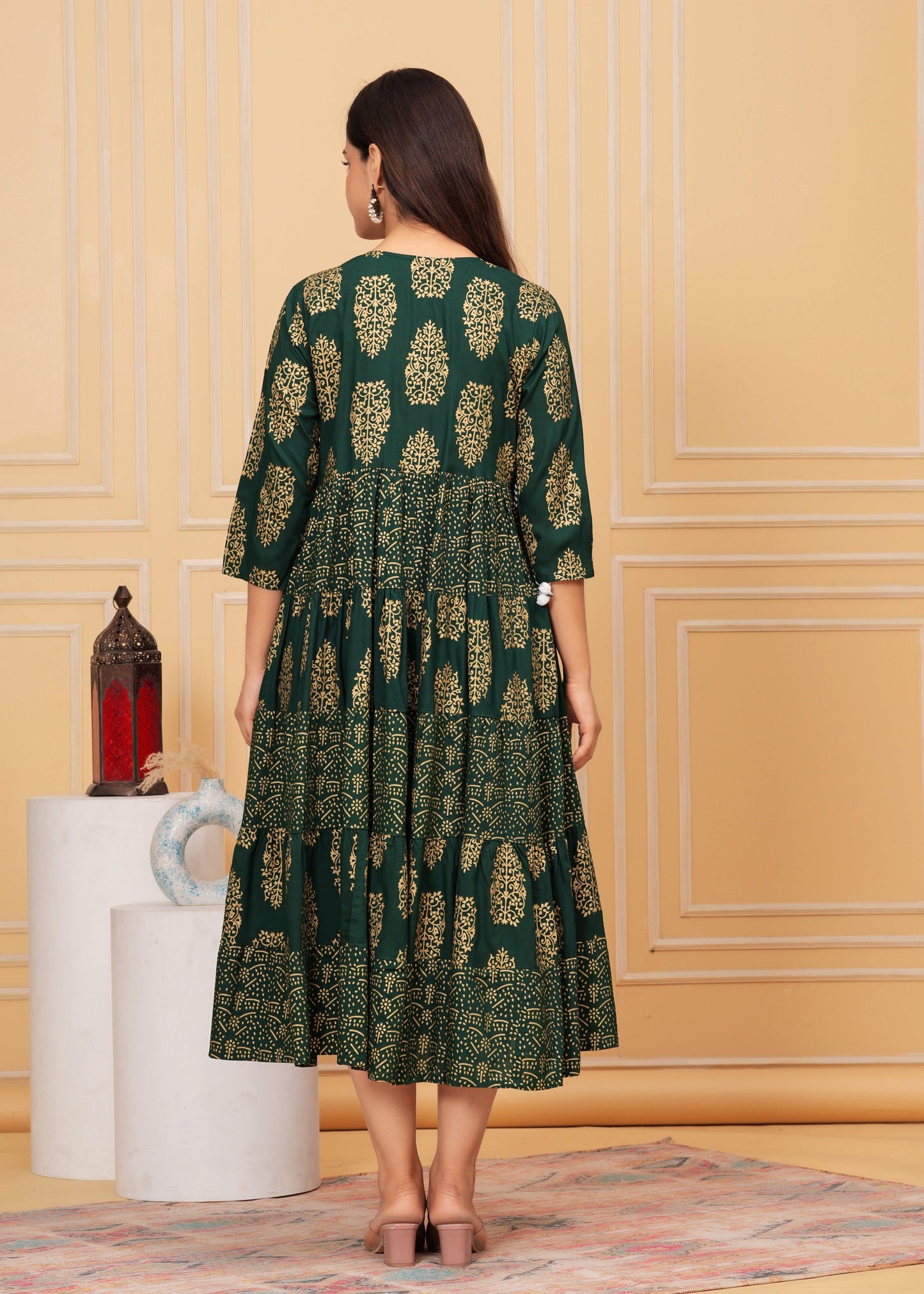 Lunar Green Gold Printed Rayon Anarkali Gown