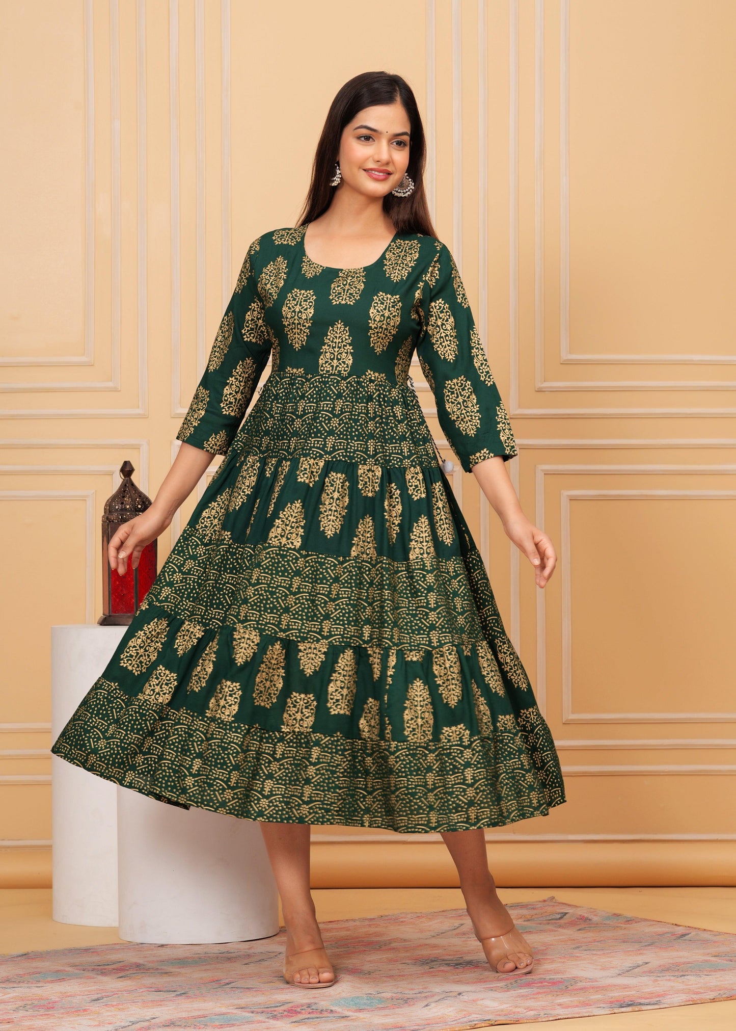 Lunar Green Gold Printed Rayon Anarkali Gown