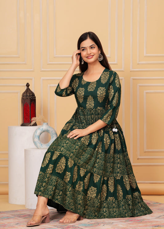 Lunar Green Gold Printed Rayon Anarkali Gown