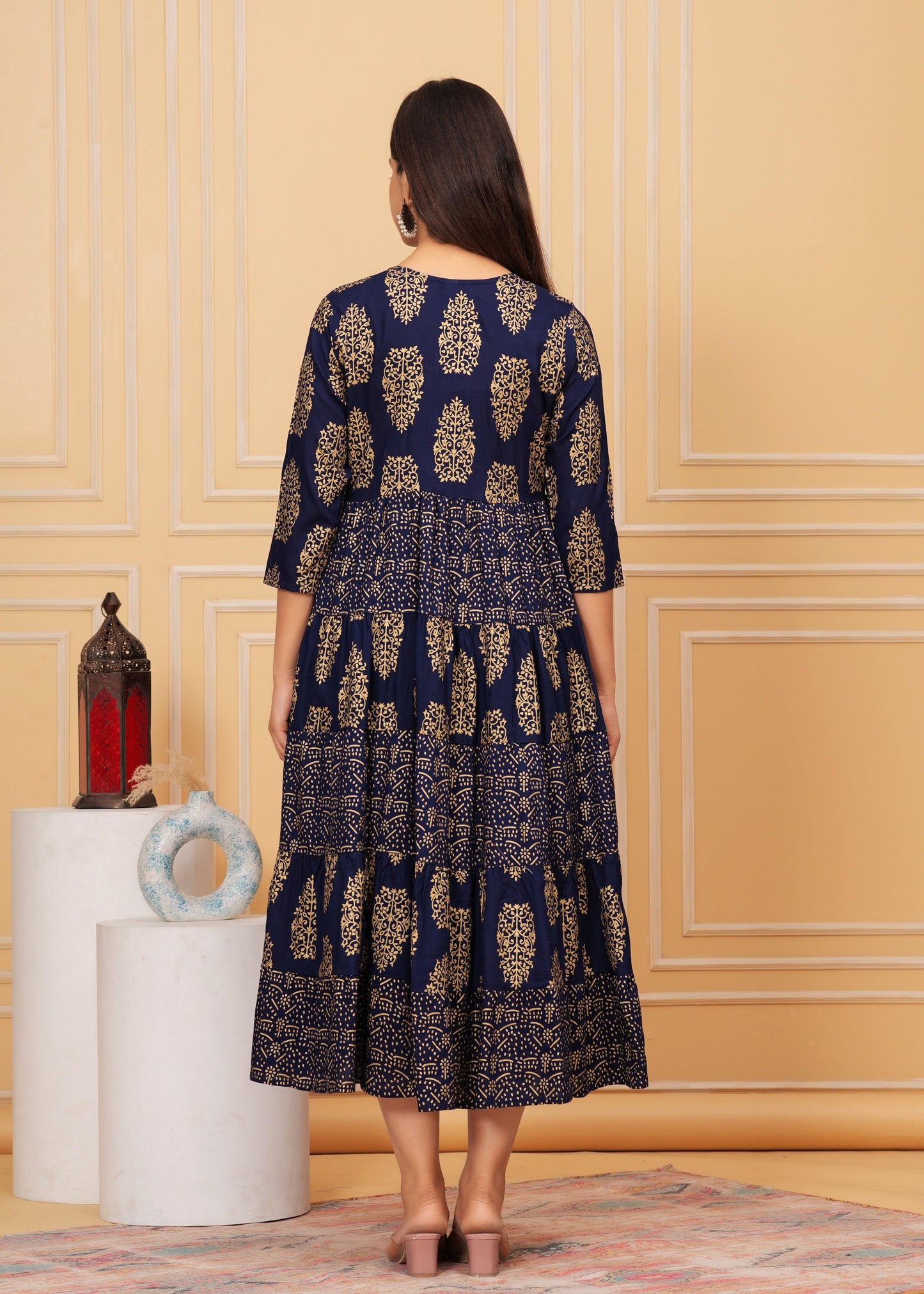 Dark Blue Gold Printed Rayon Anarkali Gown