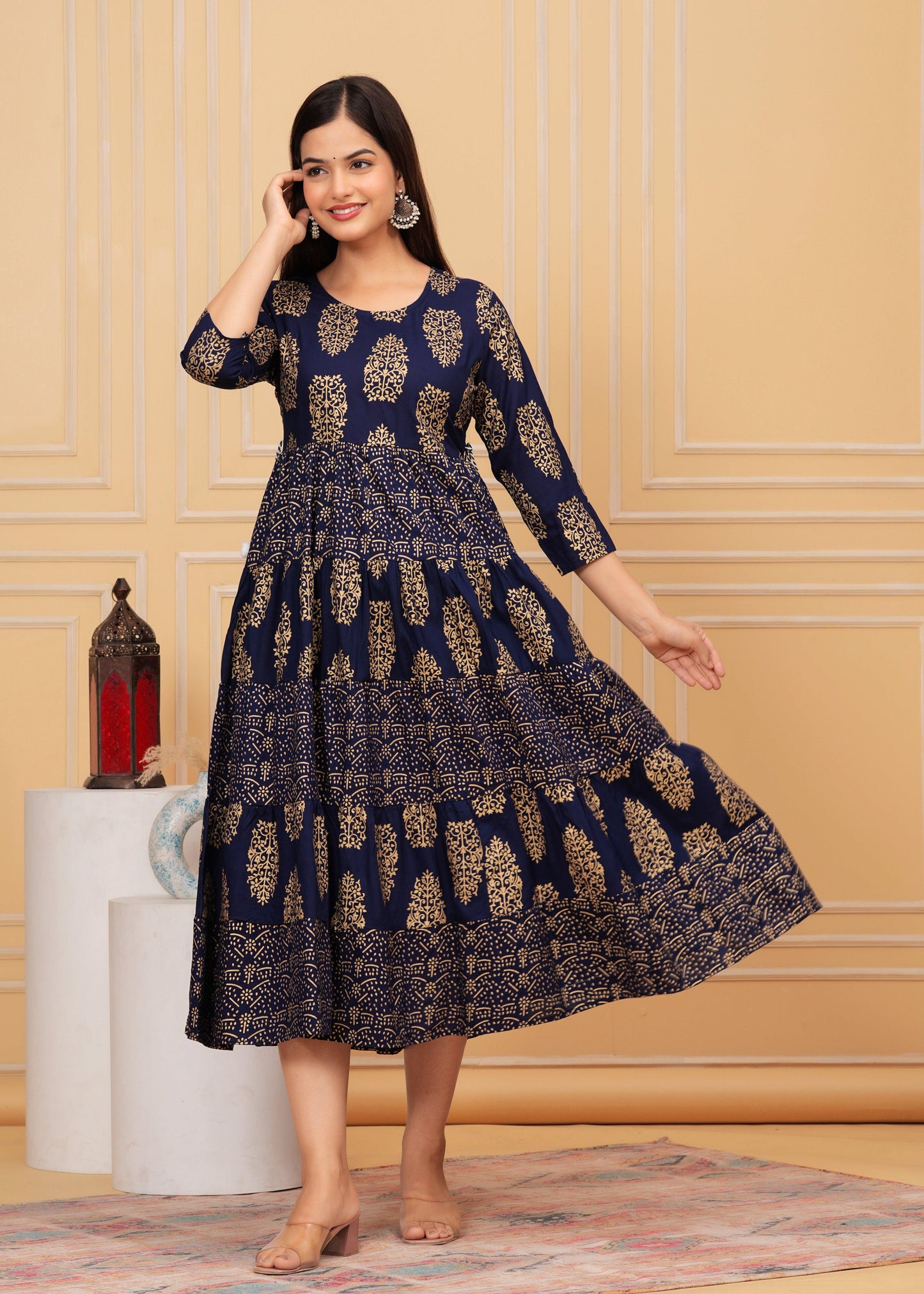 Dark Blue Gold Printed Rayon Anarkali Gown