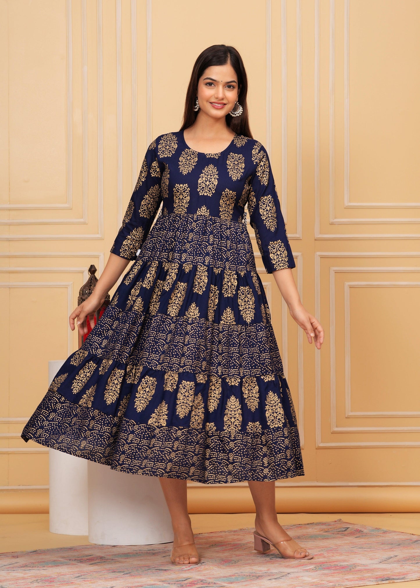 Dark Blue Gold Printed Rayon Anarkali Gown