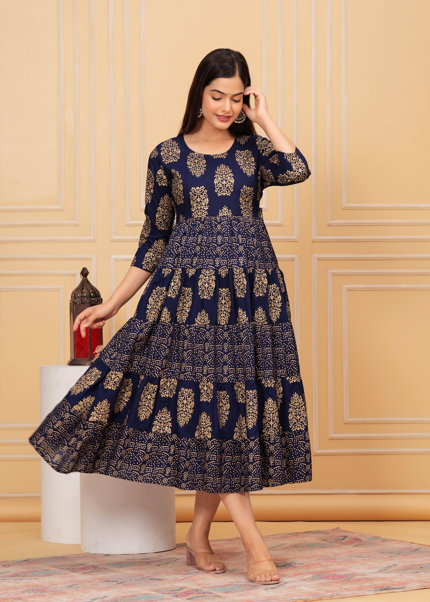 Dark Blue Gold Printed Rayon Anarkali Gown