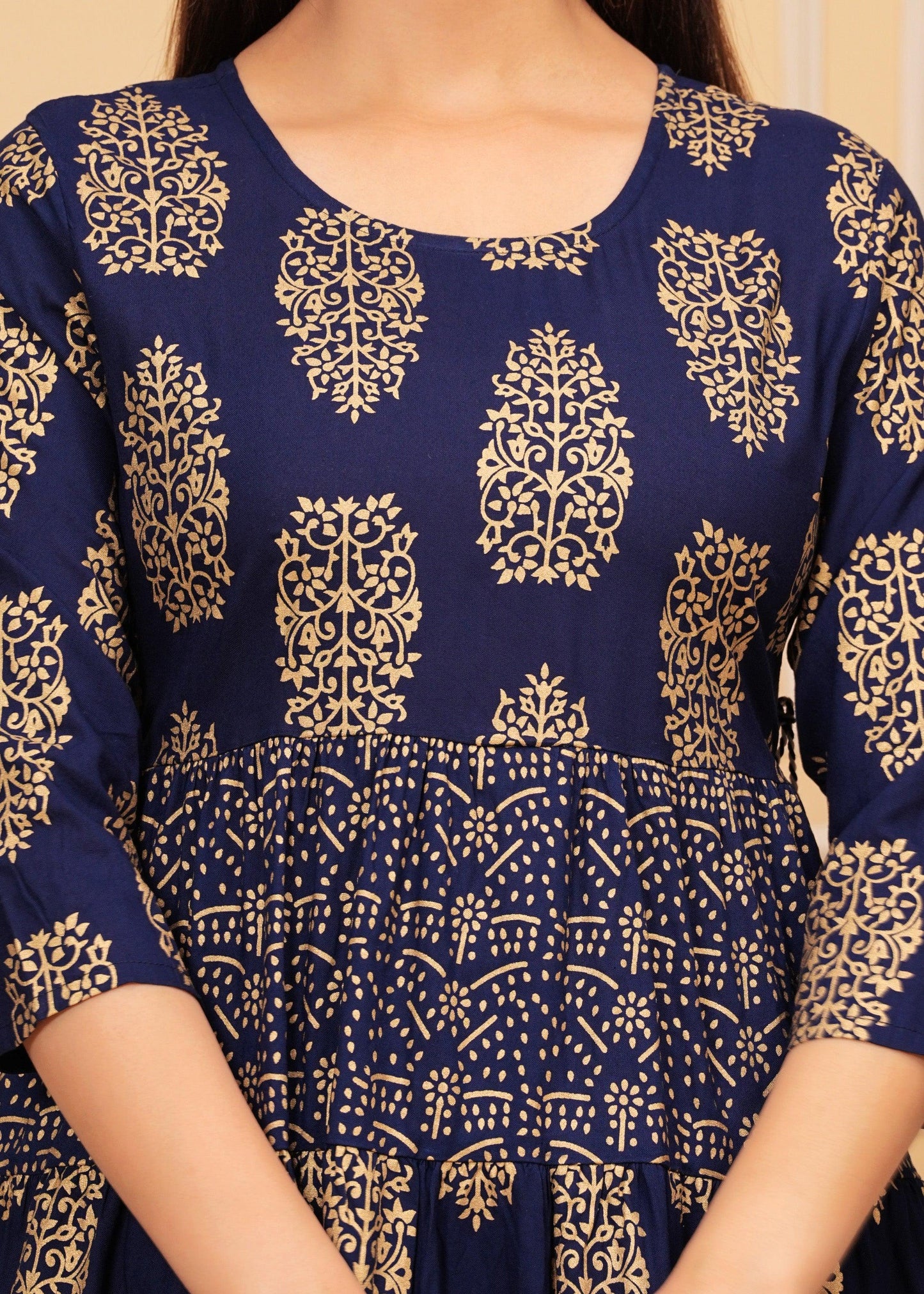 Dark Blue Gold Printed Rayon Anarkali Gown