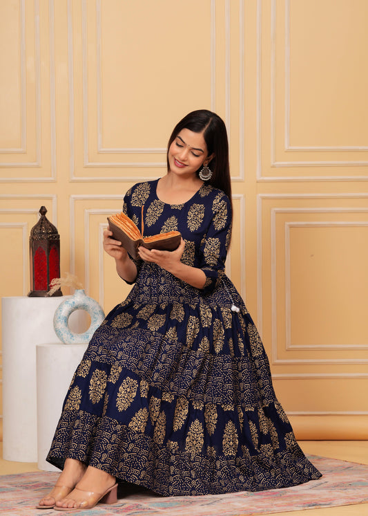 Dark Blue Gold Printed Rayon Anarkali Gown