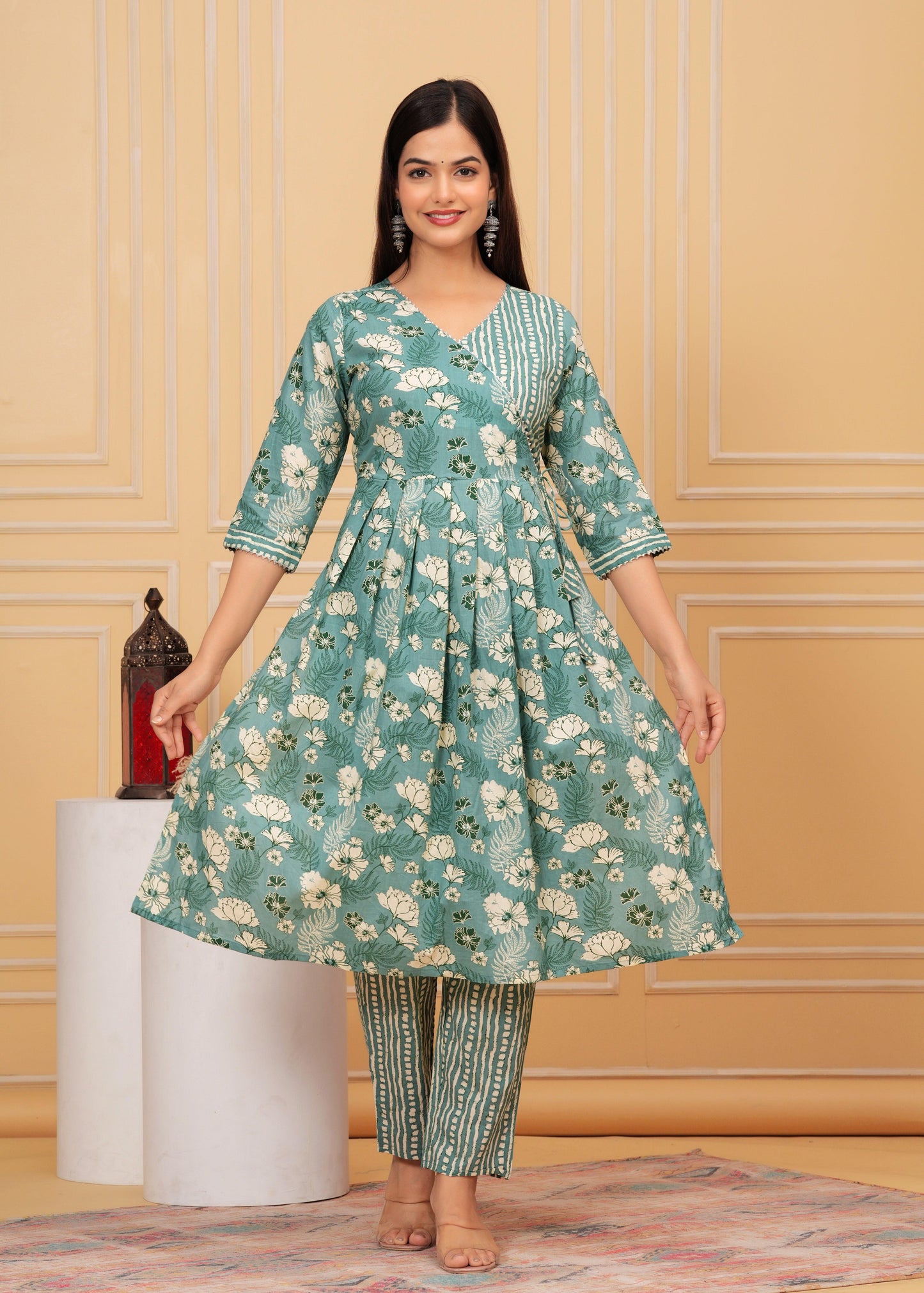 Summer Green Floral Printed Cotton Kurta and Pant Set