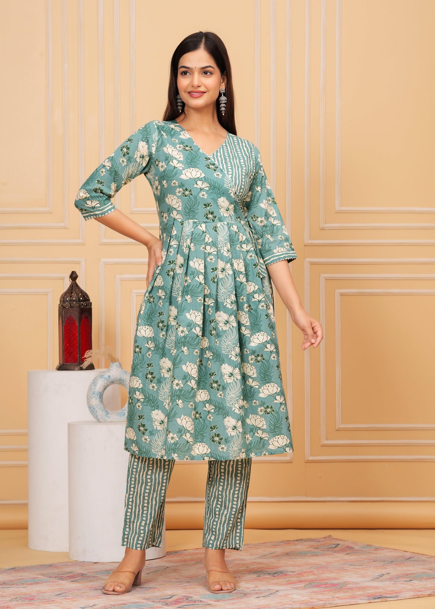 Summer Green Floral Printed Cotton Kurta and Pant Set