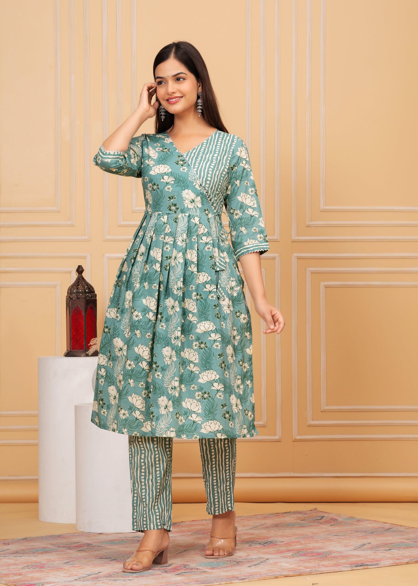 Summer Green Floral Printed Cotton Kurta and Pant Set