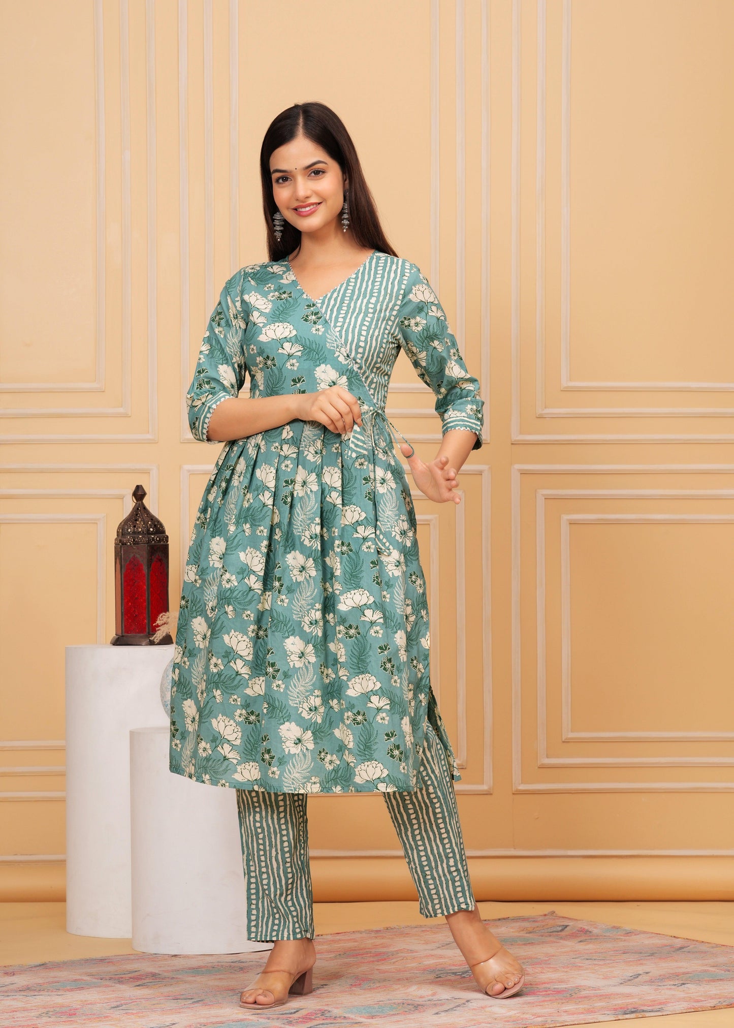 Summer Green Floral Printed Cotton Kurta and Pant Set