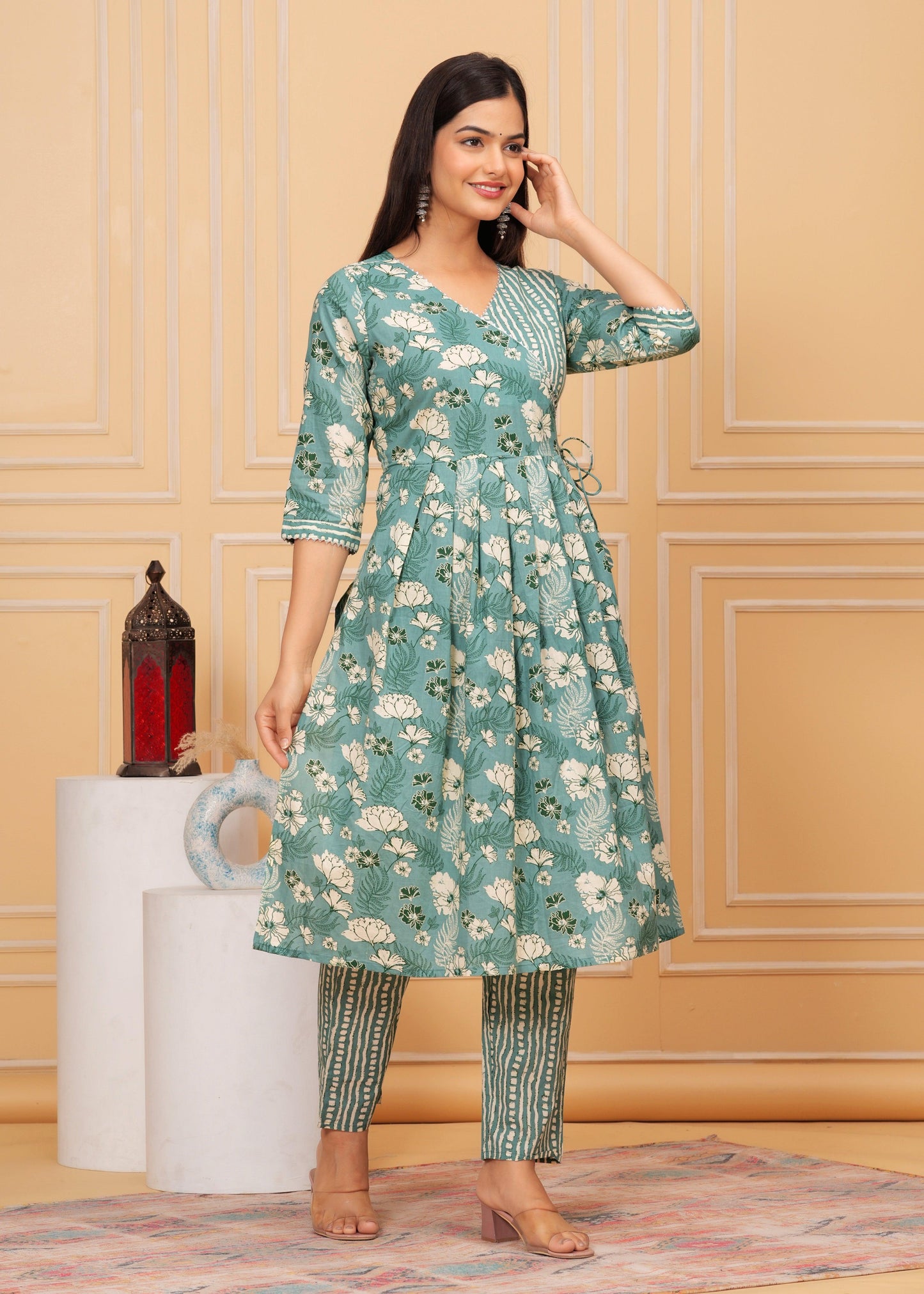 Summer Green Floral Printed Cotton Kurta and Pant Set