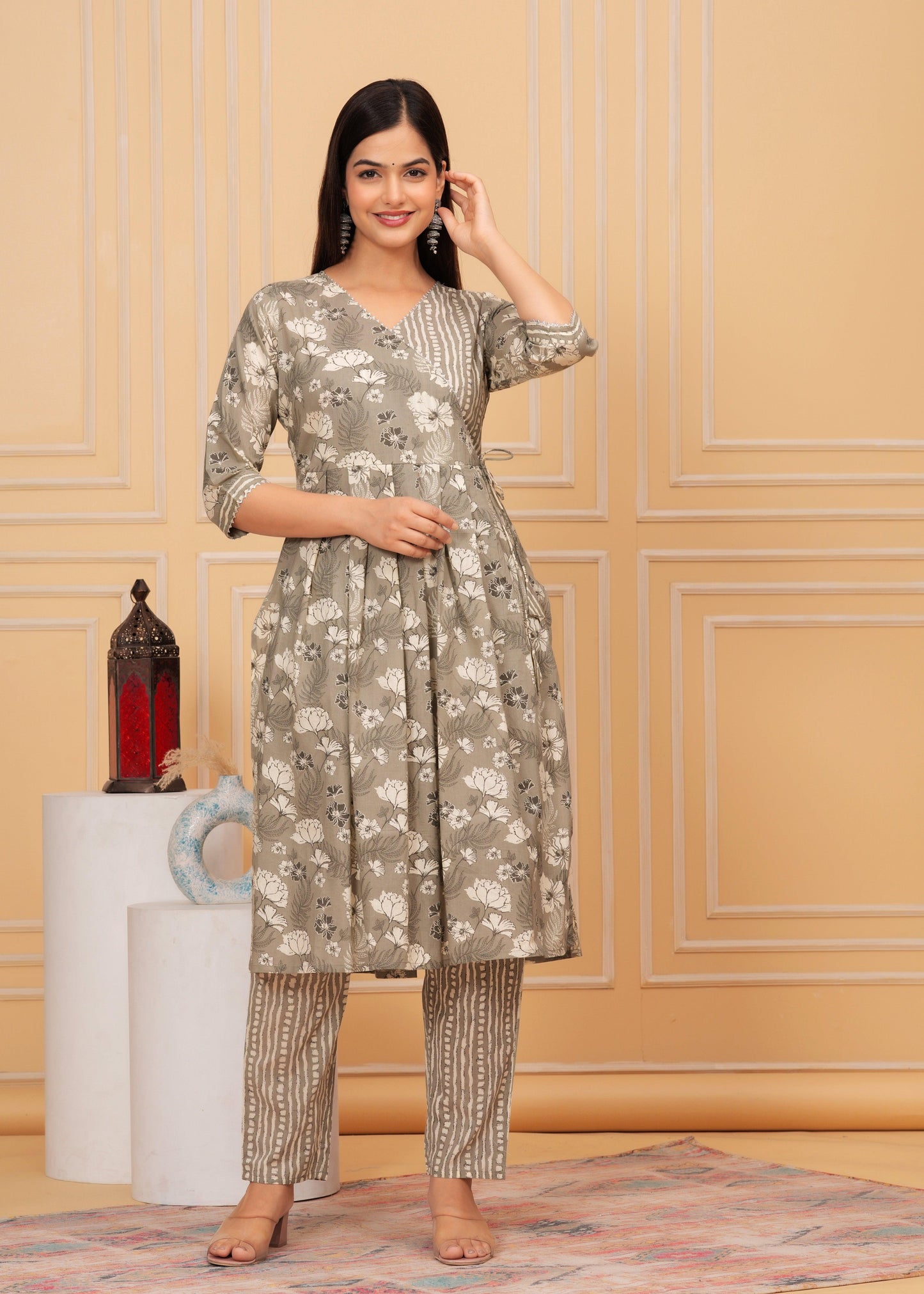 Grey Olive Floral Printed Cotton Kurta and Pant Set