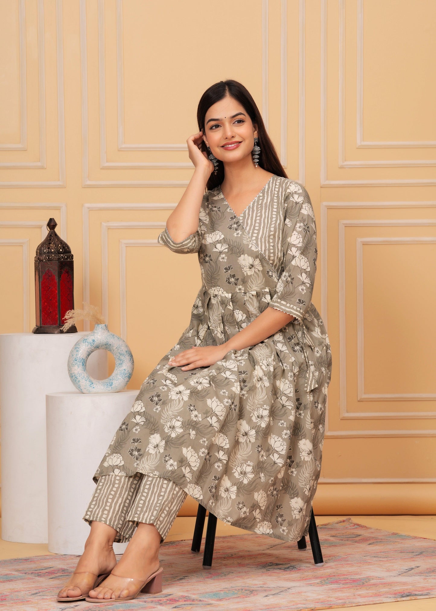 Grey Olive Floral Printed Cotton Kurta and Pant Set