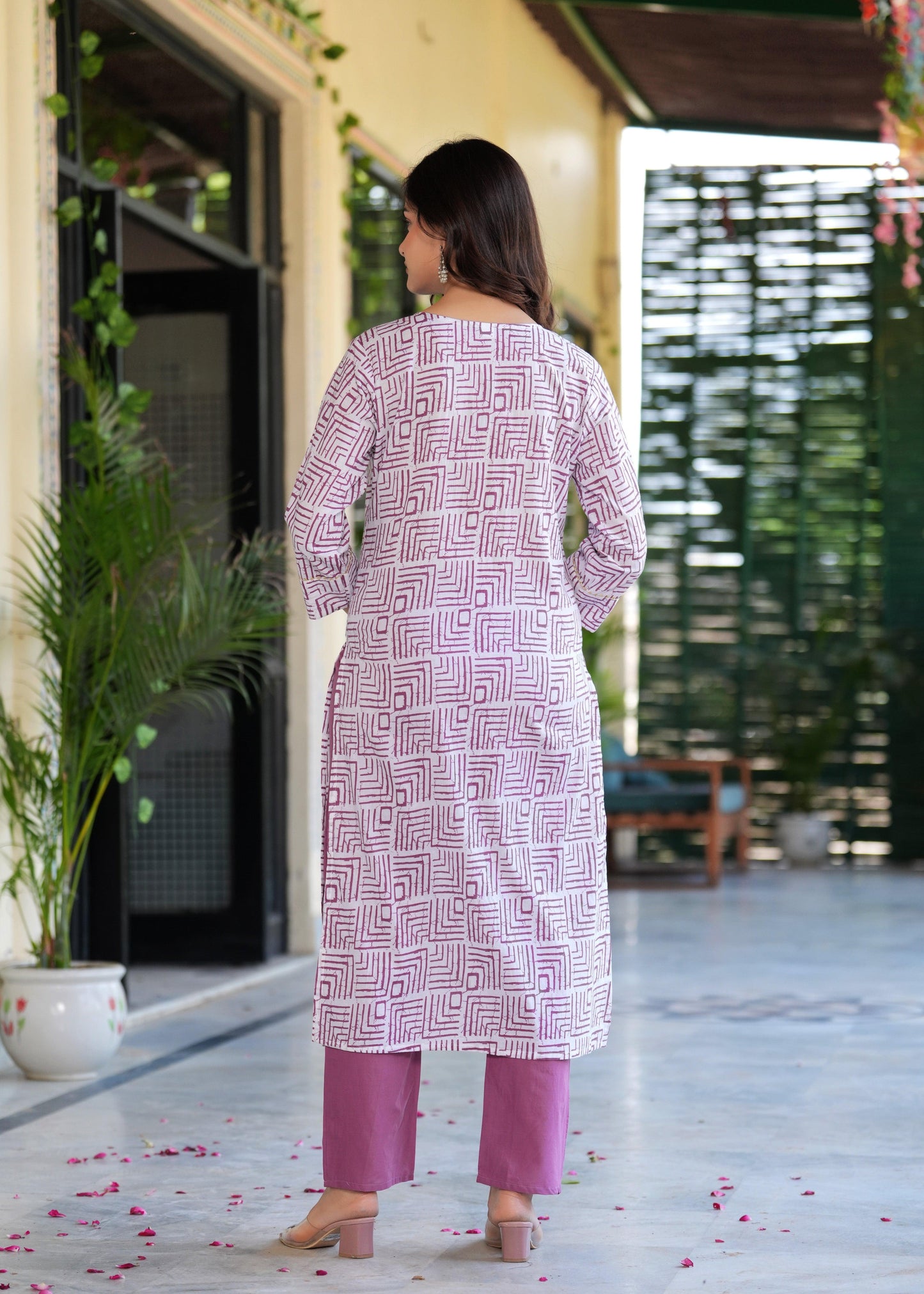 Dusky Purple Printed Cotton Suit Set with Mulmul Dupatta