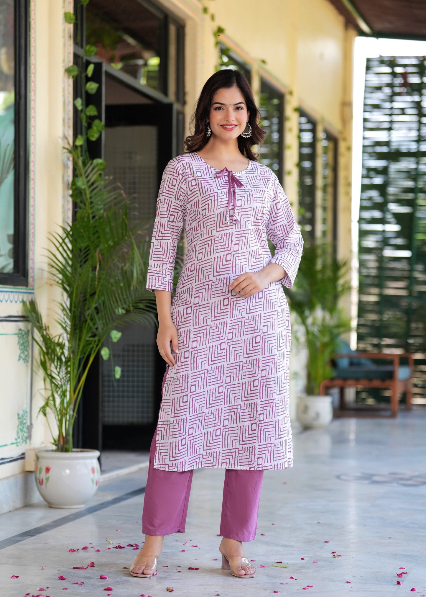 Dusky Purple Printed Cotton Suit Set with Mulmul Dupatta