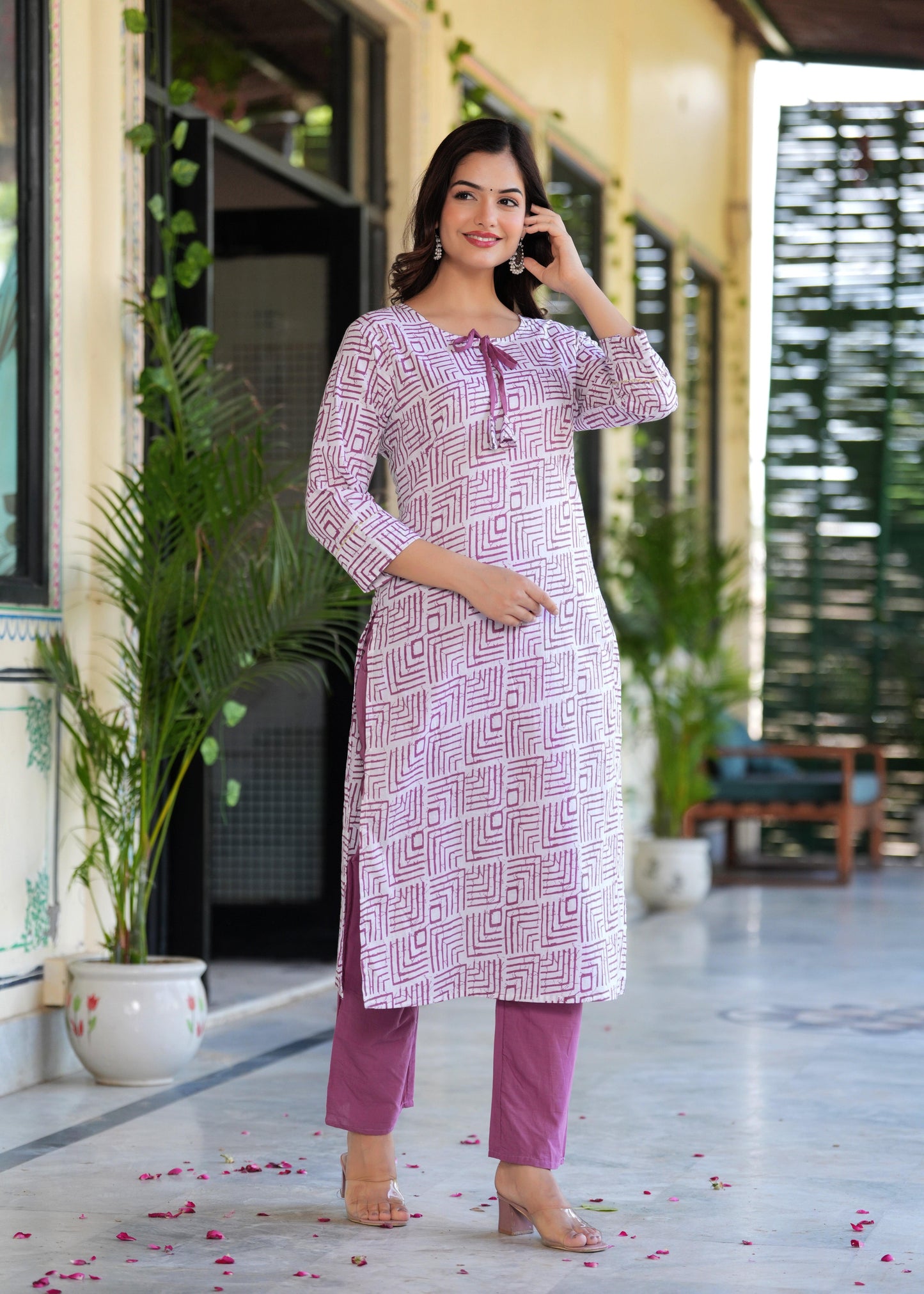 Dusky Purple Printed Cotton Suit Set with Mulmul Dupatta