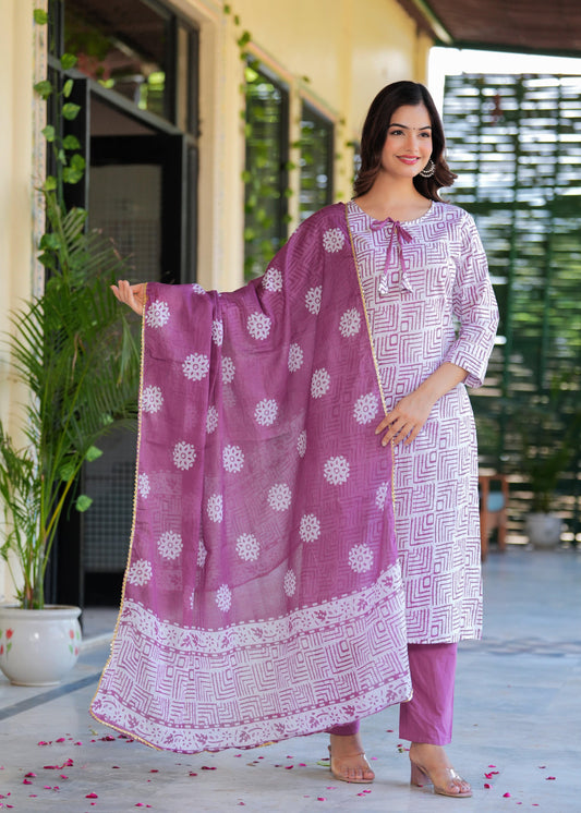 Dusky Purple Printed Cotton Suit Set with Mulmul Dupatta