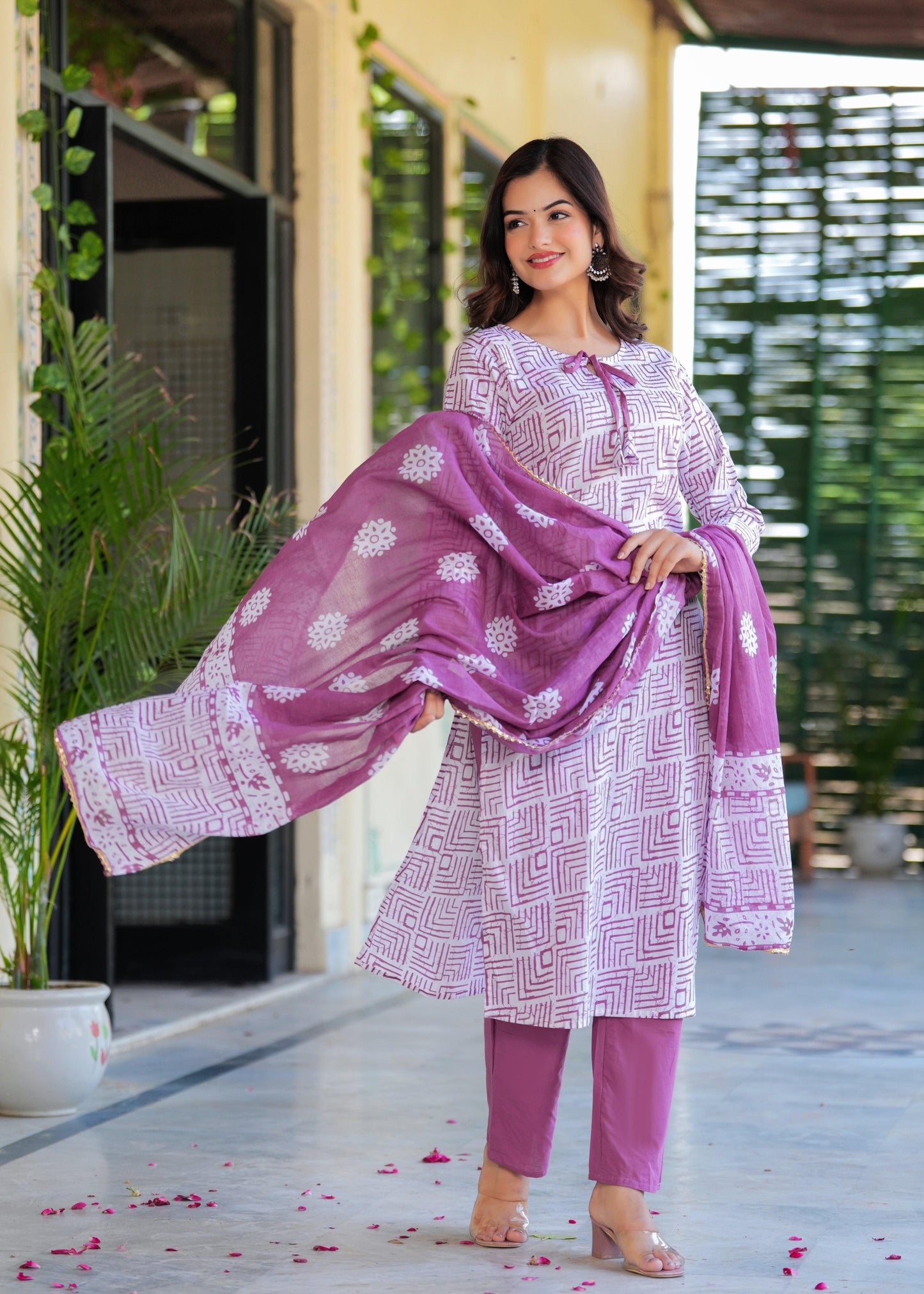 Dusky Purple Printed Cotton Suit Set with Mulmul Dupatta