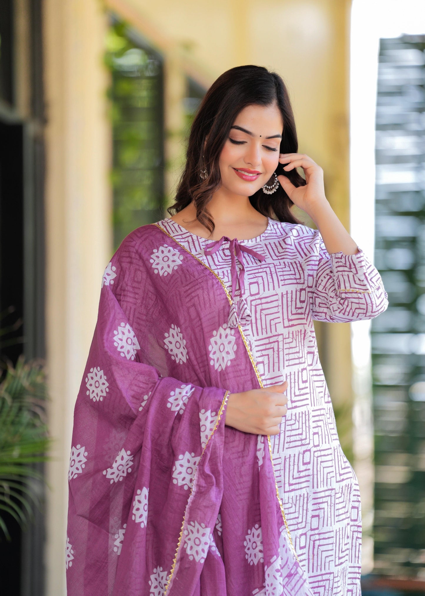 Dusky Purple Printed Cotton Suit Set with Mulmul Dupatta