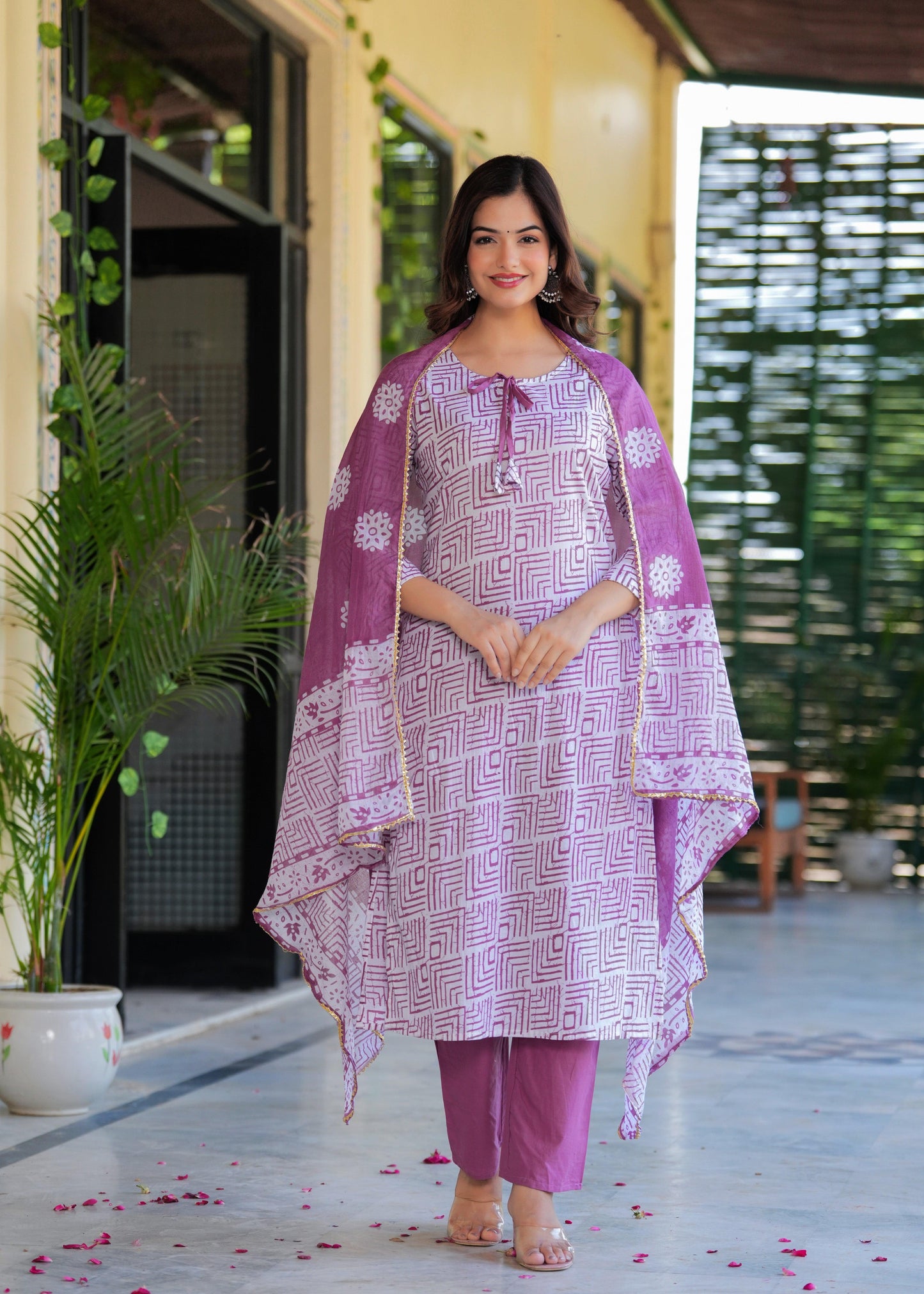 Dusky Purple Printed Cotton Suit Set with Mulmul Dupatta